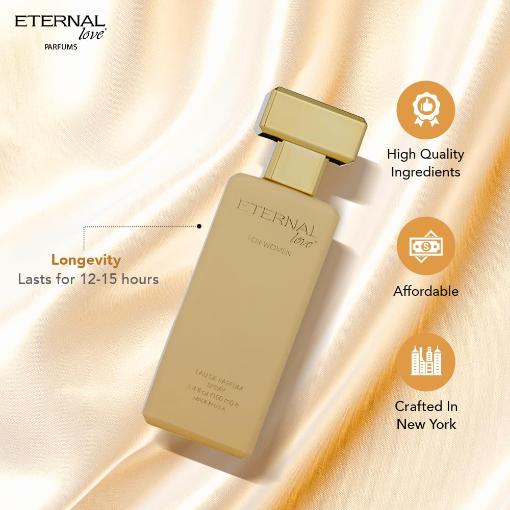 Eternal Love for Women - Long Lasting Eau de Parfum Spray - Premium Floral Fragrance with Peach & Sandalwood - Soft Feminine Scent - 3.4oz