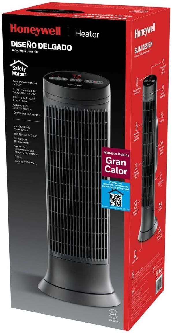 Honeywell Slim Ceramic Tower Heater, Small Room, Black – Easy to Use – Slim Space Heater with Two Heat Settings | Easy to Use – Slim Space Heater with Two Heat Settings