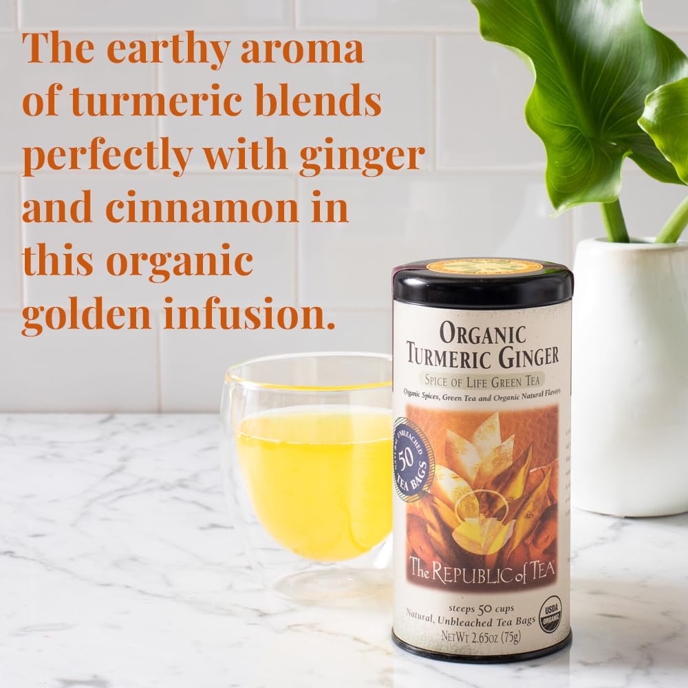 The Republic of Tea Organic Turmeric Ginger Green Tea, Low Caffeine, 50 Ct | A gentle cup for everyday sipping. Fresh and lightly vegetal with notes of warming spice and sweet cinnamon.