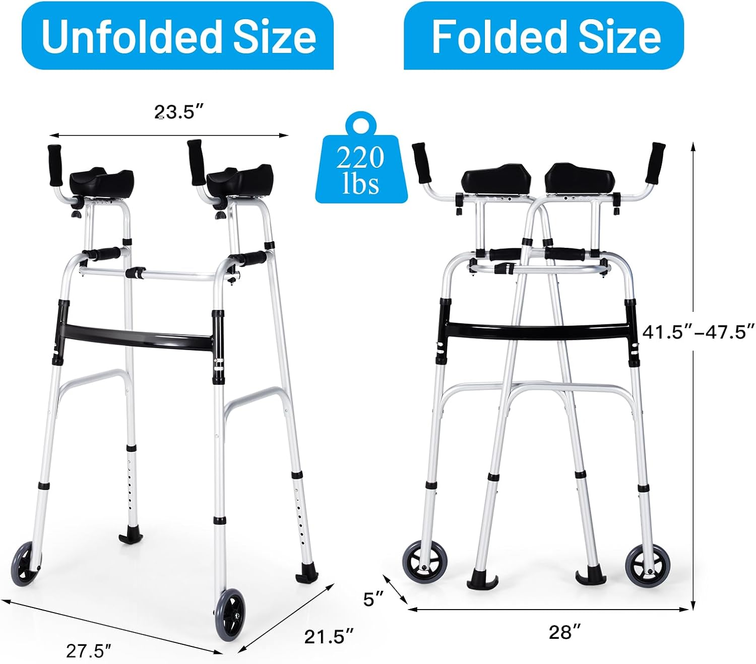 Goplus Walkers for Seniors, Foldable Standard Walker with 5’’ Wheels and Removable Padded Armrests 220lbs, Lightweight Walking Mobility Aid