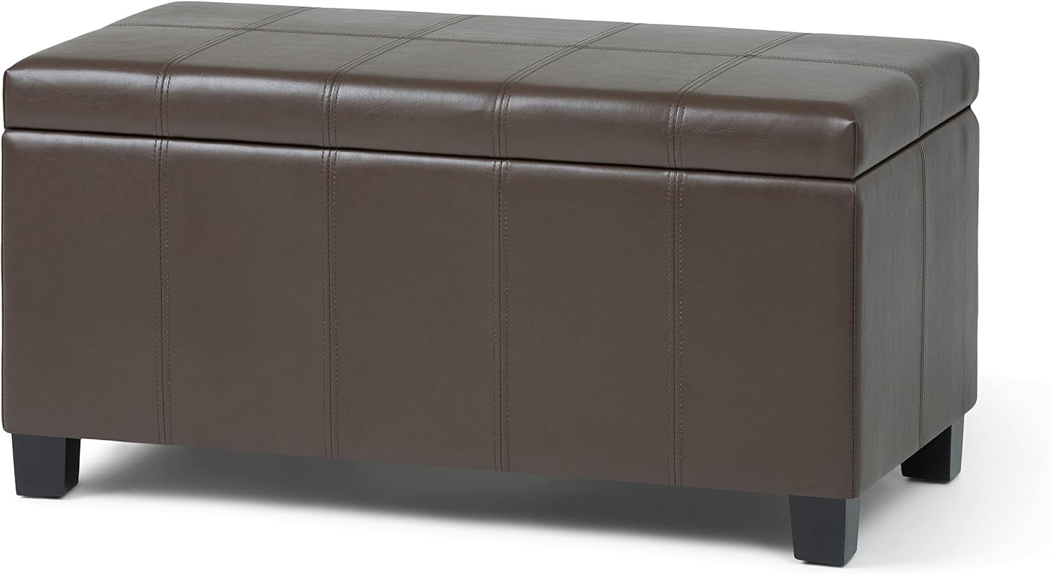 SIMPLIHOME Dover 36" Wide Vegan Leather Storage Ottoman in Midnight Black | Distressed umber brown, contemporary ottoman with lift-top and safety hinges; rectangle storage bench for living room.