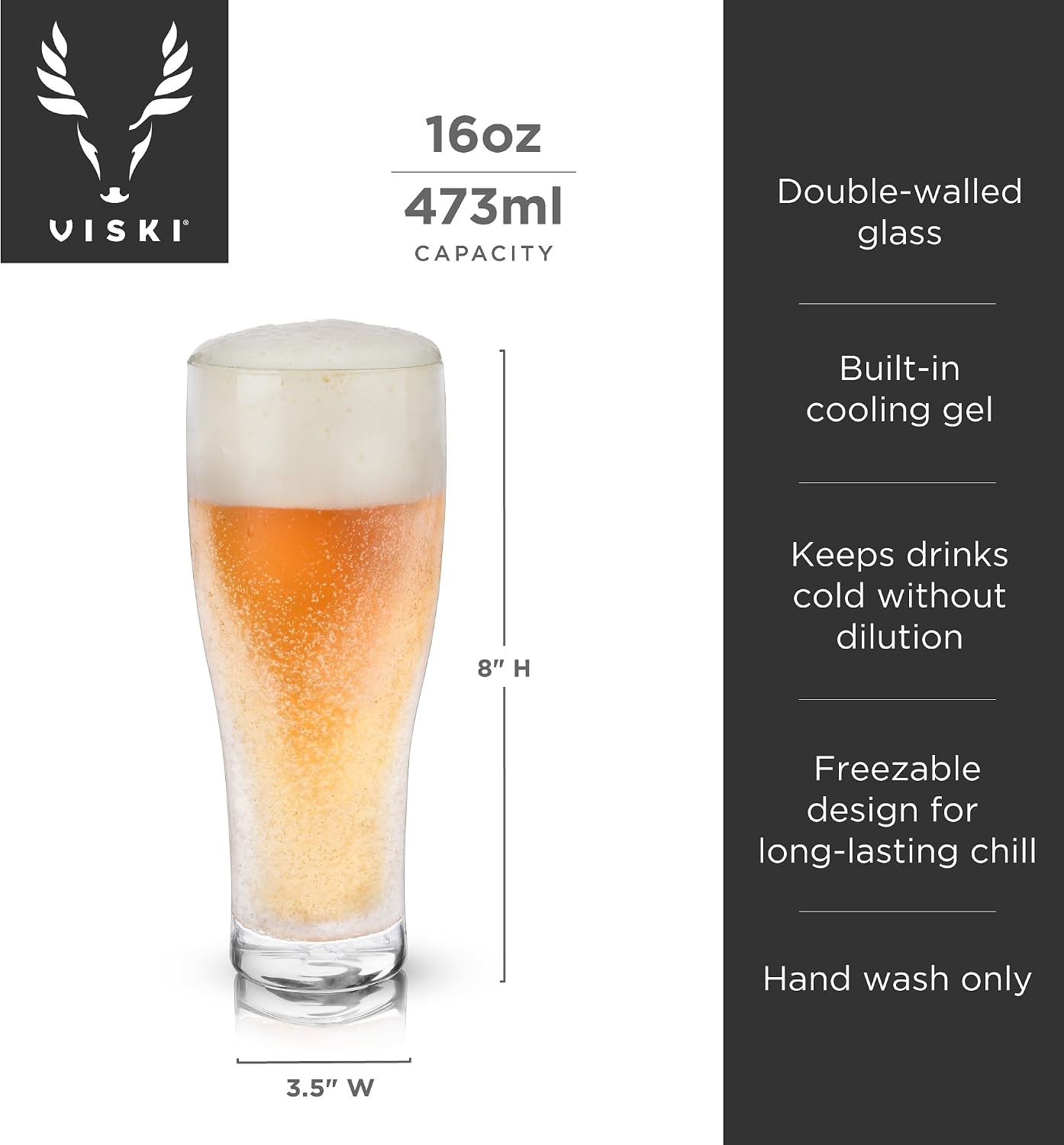 Viski Glacier Double Walled Beer Glass with Active Cooling Gel, Perfect for Cold Drinks at Indoor and Outdoor Parties, Special Occasions, Home Bar Accessories, Great Gifts for Men, 16 oz, Set of 1