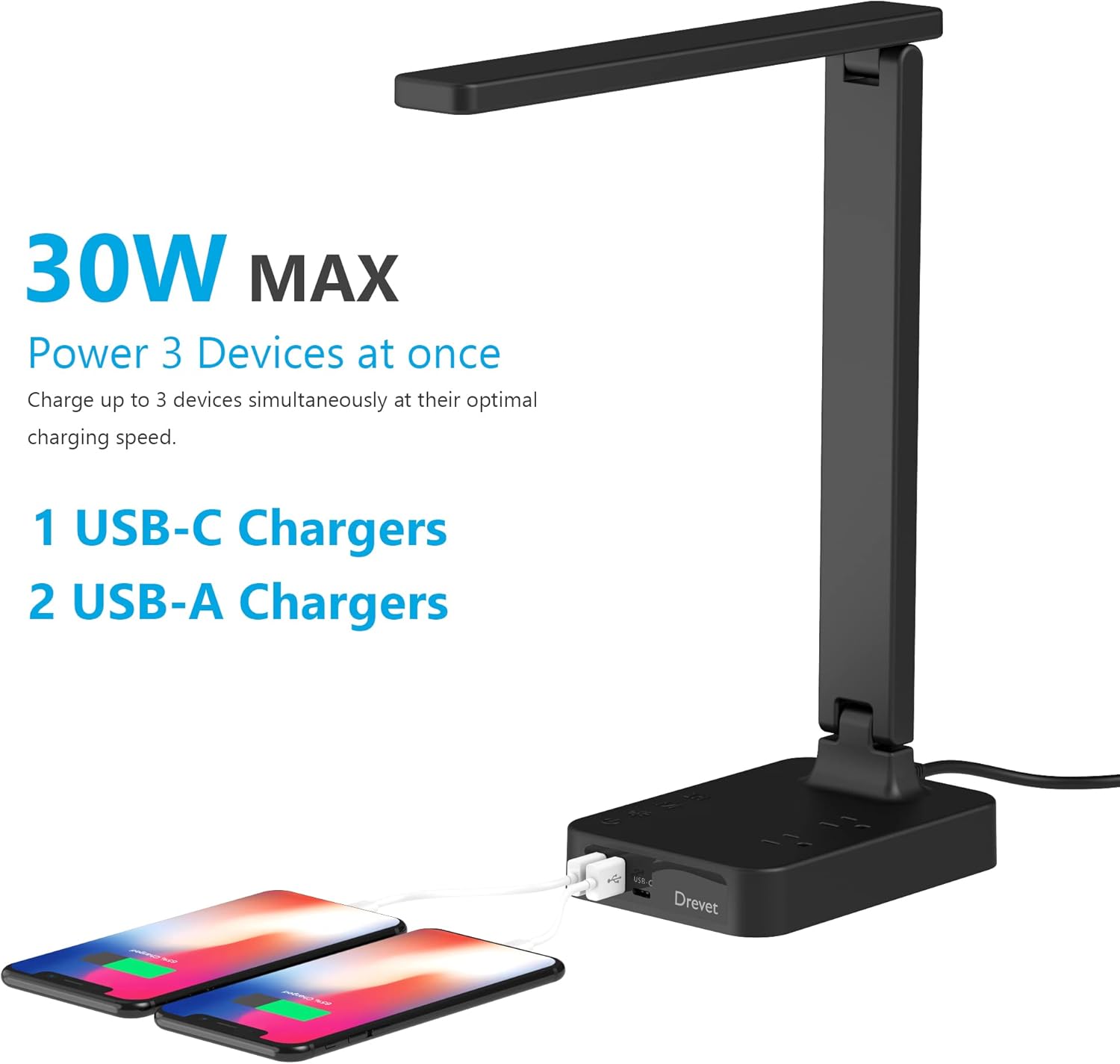 Drevet LED Desk Lamp for College Dorm Room, Desk Light with 1 USB Charging Port 2 AC Power Outlet, 3 Lighting Modes, 3 Level Brightness Touch Lamp
