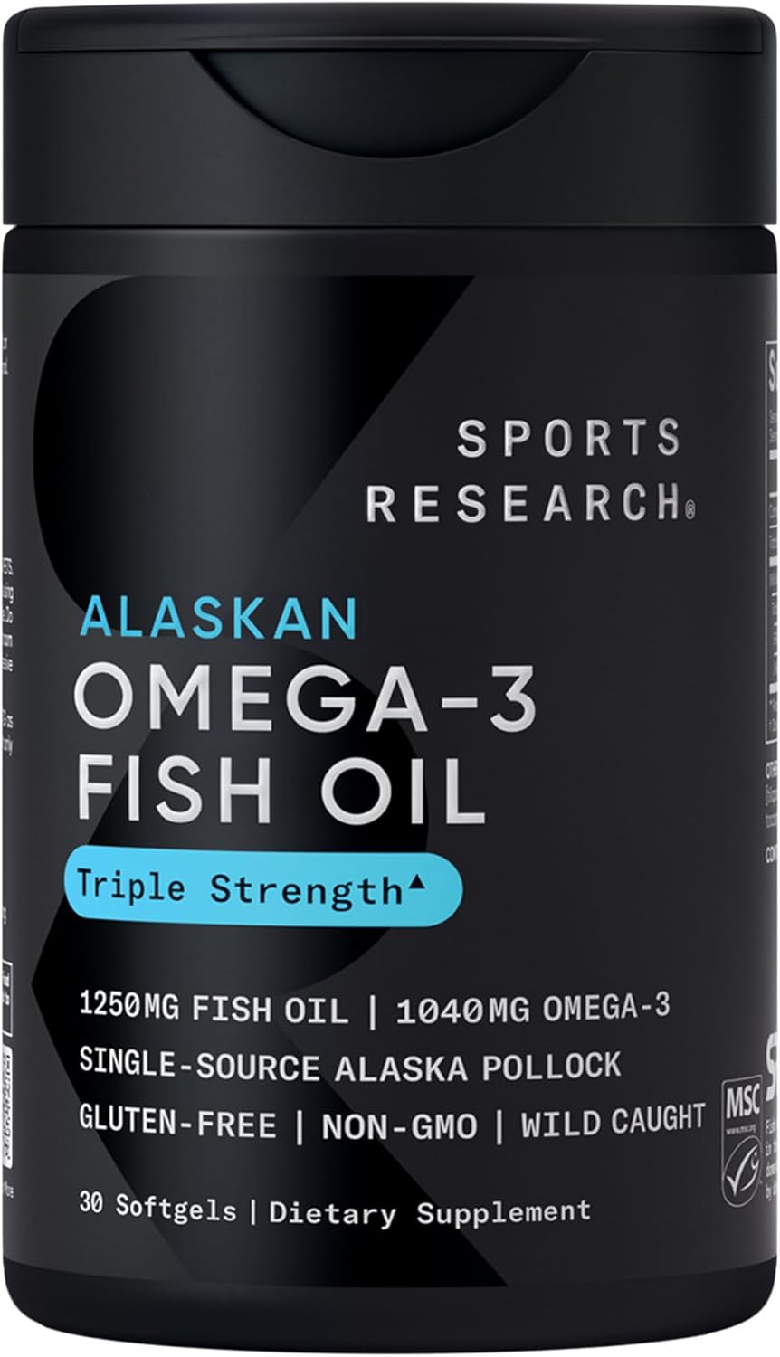 Sports Research® Omega-3 Fish Oil 1250mg from Wild Alaska Pollock,180 Count | Always Fresh Never Fishy | 690mg EPA 260mg DHA per Softgel · Heart & Brain Health* · MSC Certified Sustainable - 180 Servings