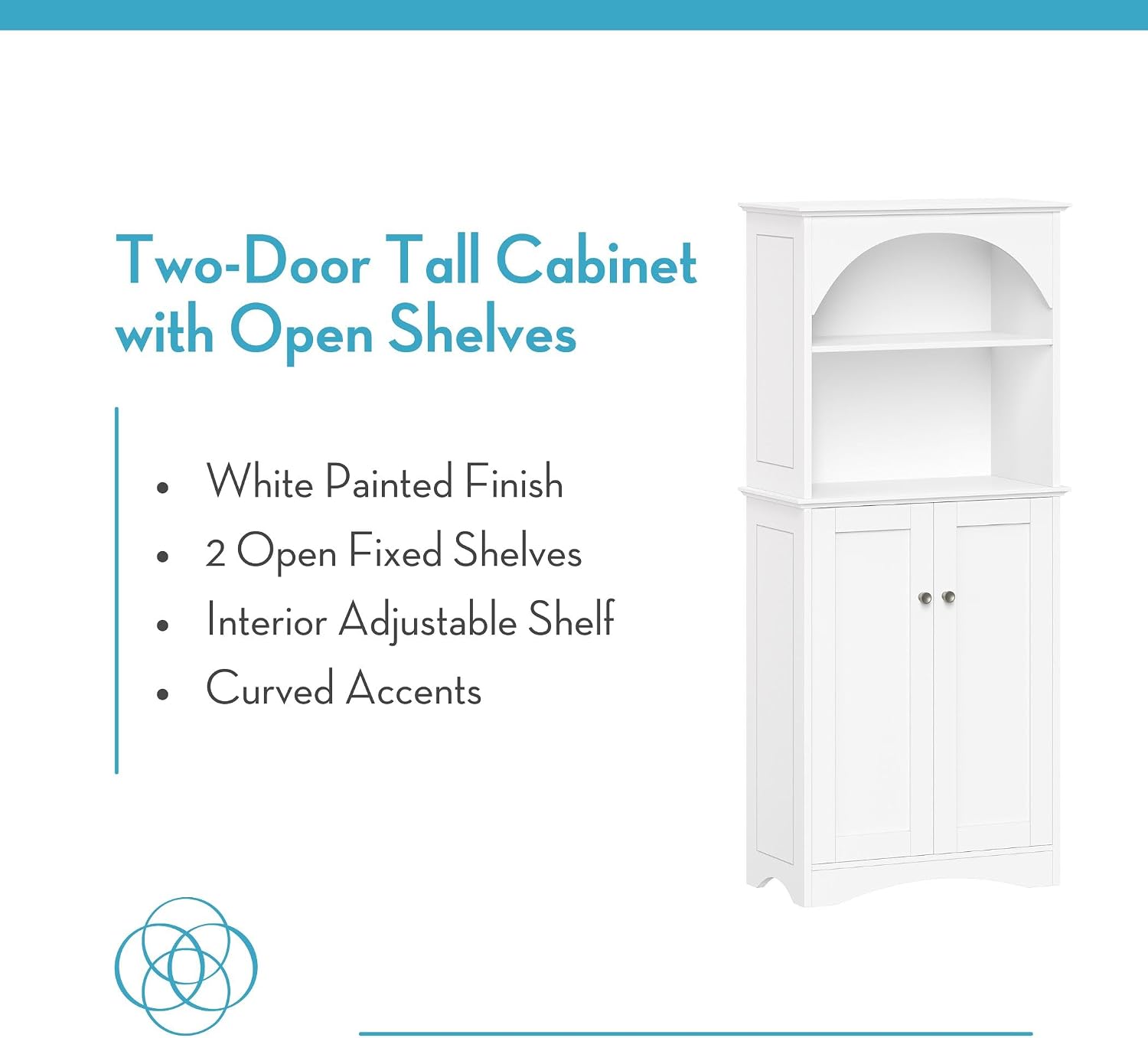 RiverRidge Kitchen Tall 2-Door Sideboard Buffet Storage Cabinet, White | Soft Close Hinges, Adjustable Shelves, Versatile Arched Design