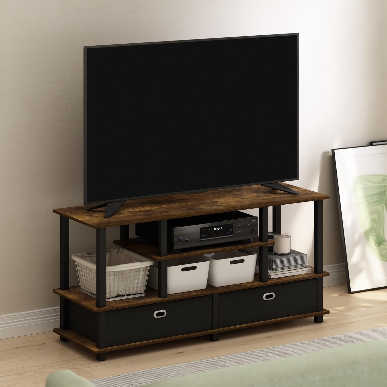 Furinno Moretti 3-Tier Metal Frame TV Stand, French Oak Grey