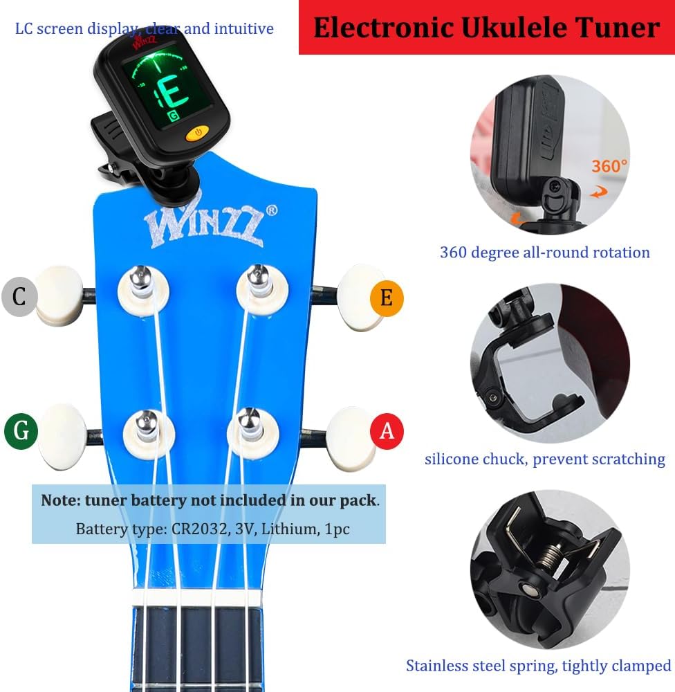 Winzz Soprano Ukulele Starter Kit For Beginners with Bag, Clip-On Tuner, Extra Strings, Strap, Plectrum, Fret Stickers, Chords Card, Polishing Cloth, Black