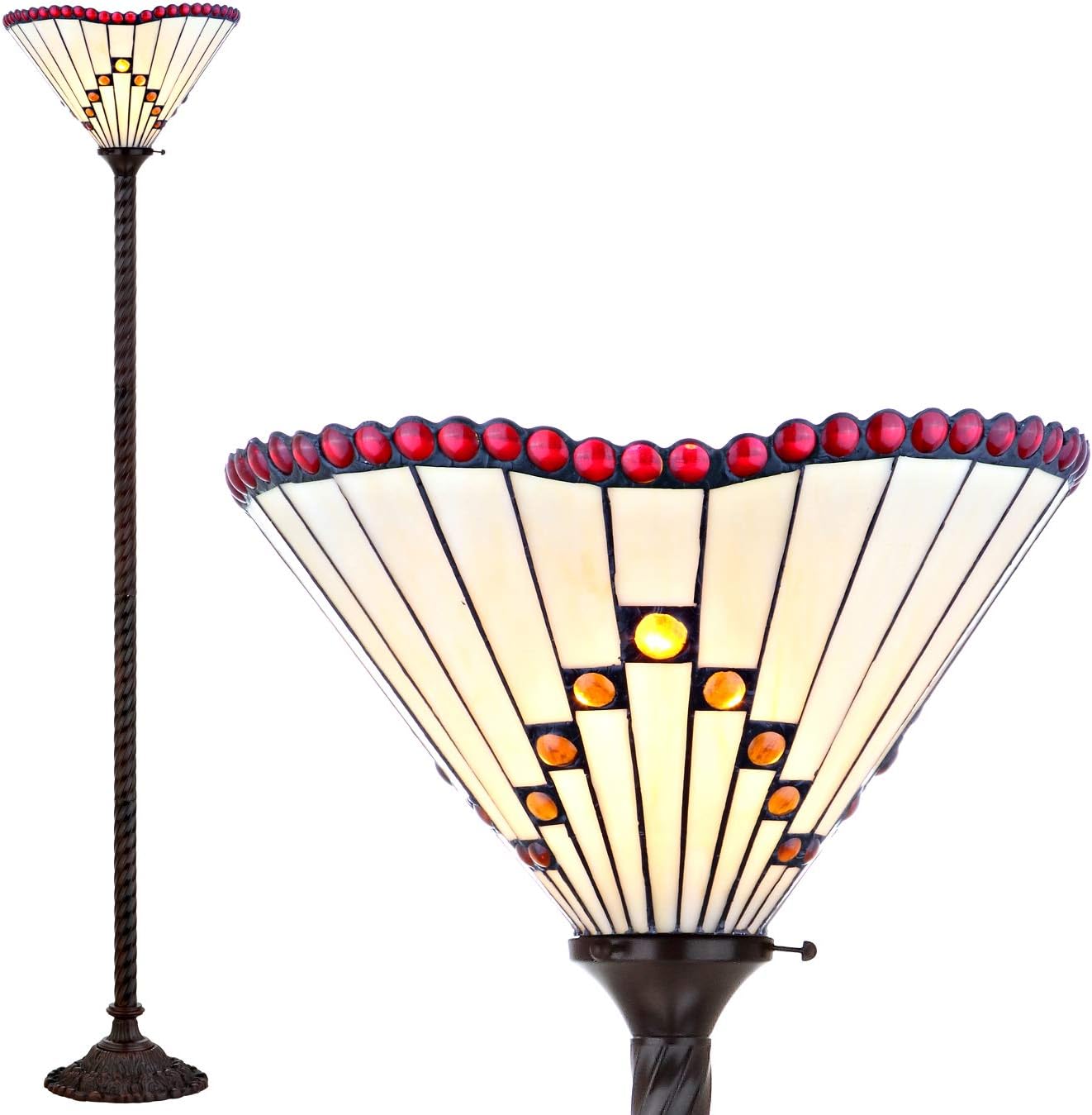 JONATHAN Y Smith 70.5" Tiffany-Style Torchiere Floor Lamp, Bronze | Handcrafted Multicolor Stained Glass Shade, Barley-Twist Metal Base, Foot Switch