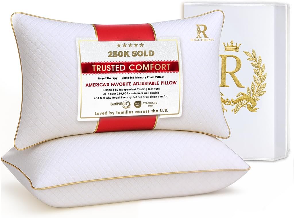 Royal Therapy Queen Size Set of 2-Shredded Memory Foam Pillow–Adjustable Memory Foam Pillow for Sleeping, Firm Pillow for Neck & Shoulder Support