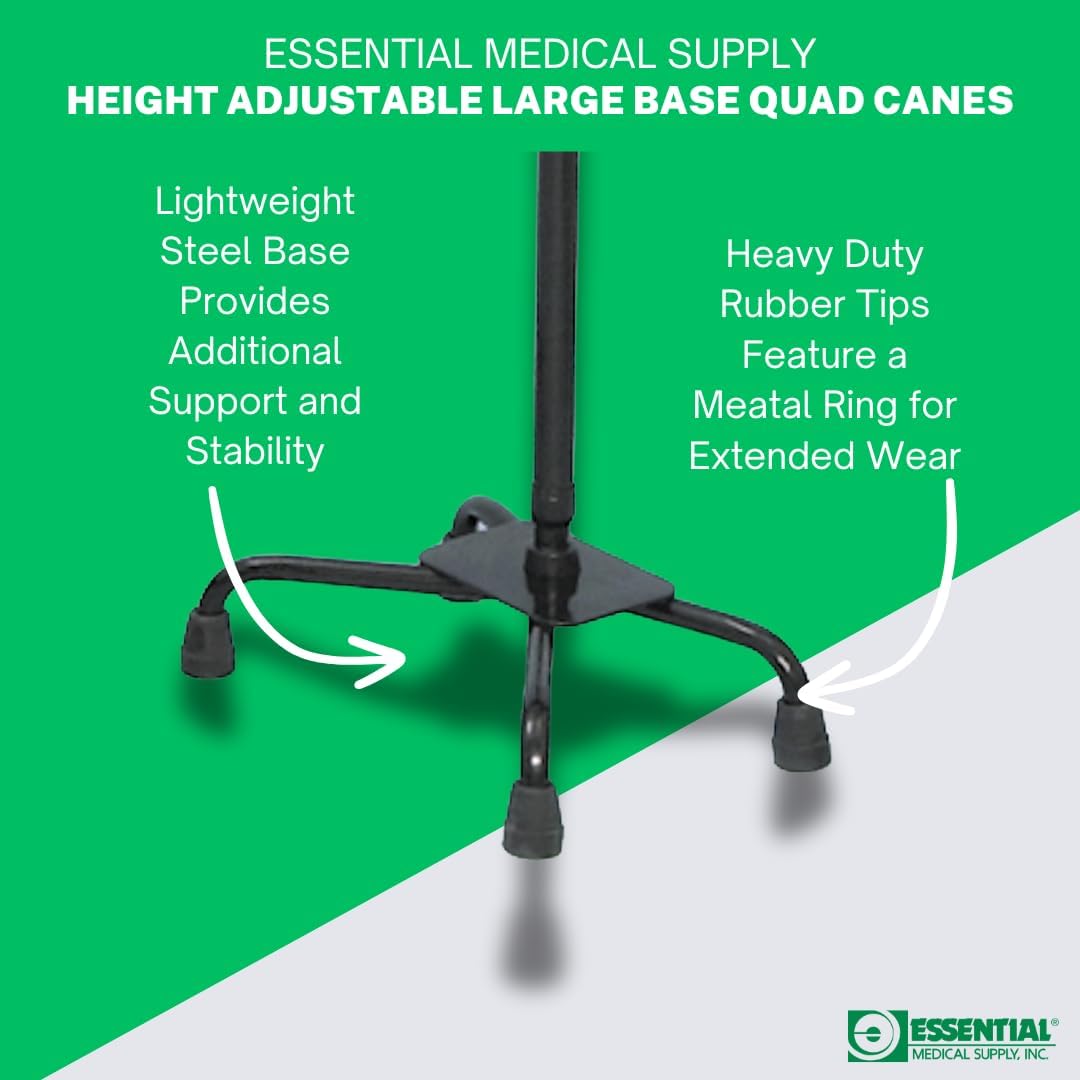 Essential Medical Supply Small Base Quad Cane in Black - Height Adjustable Walking Cane, Sturdy and Durable Walking Cane for Improved Mobility and Stability with 4 Prong Base and Rubber Tips