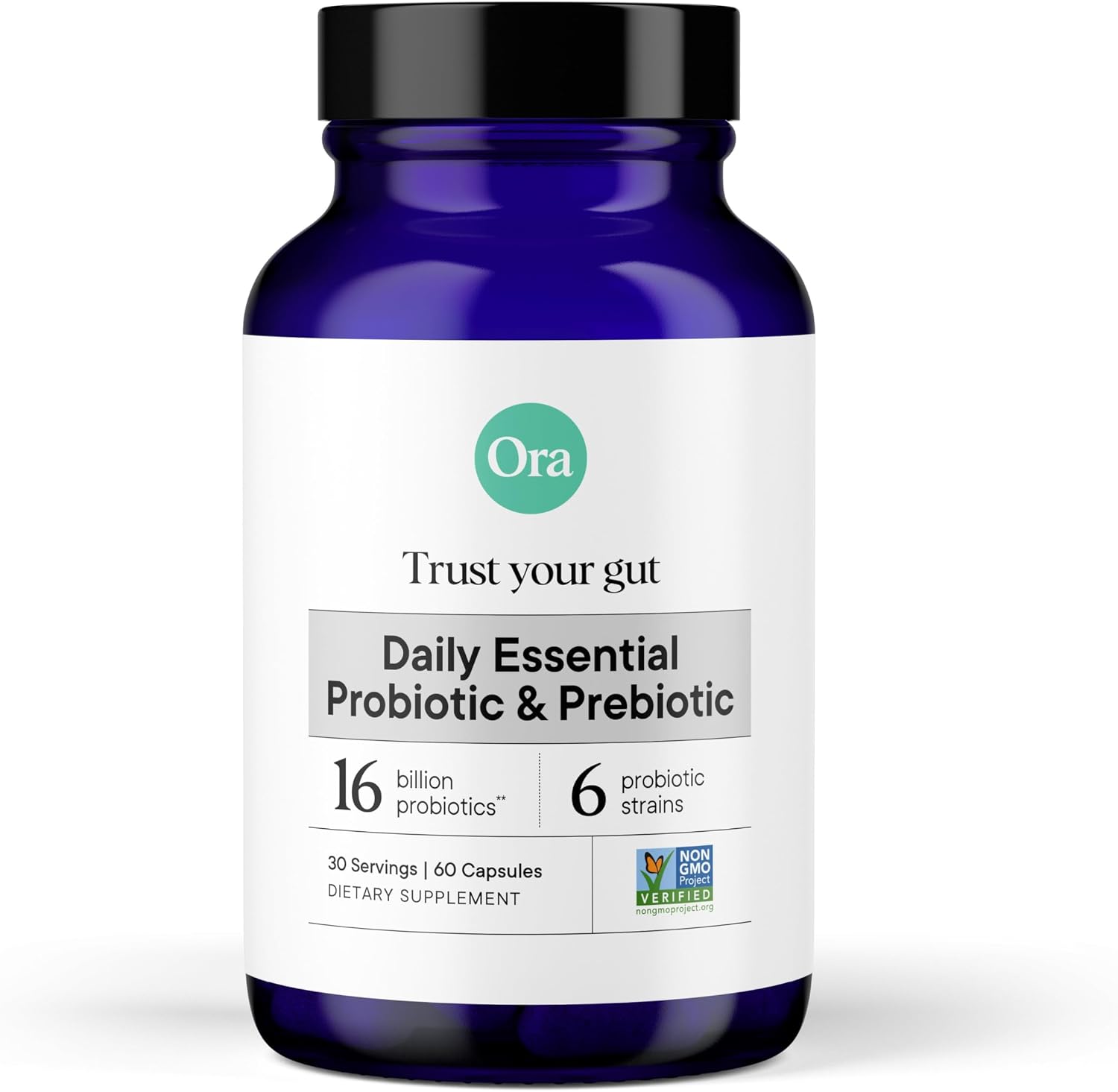 Ora Organic Vegan Probiotic and Prebiotic Capsules | 16 Billion Probiotics + Organic Prebiotics, Dairy-Free, Gluten-Free, for Sensitive Stomachs- 1 Month Supply (60 Capsules)