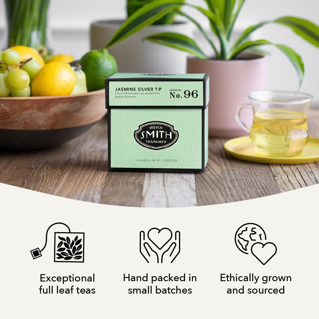 Steven Smith Teamaker, Jasmine Silver Tip, Green Tea, 15 Sachets 1.3oz each | Full Leaf Green Tea, Caffeinated, Sugar Free, Sustainably Grown