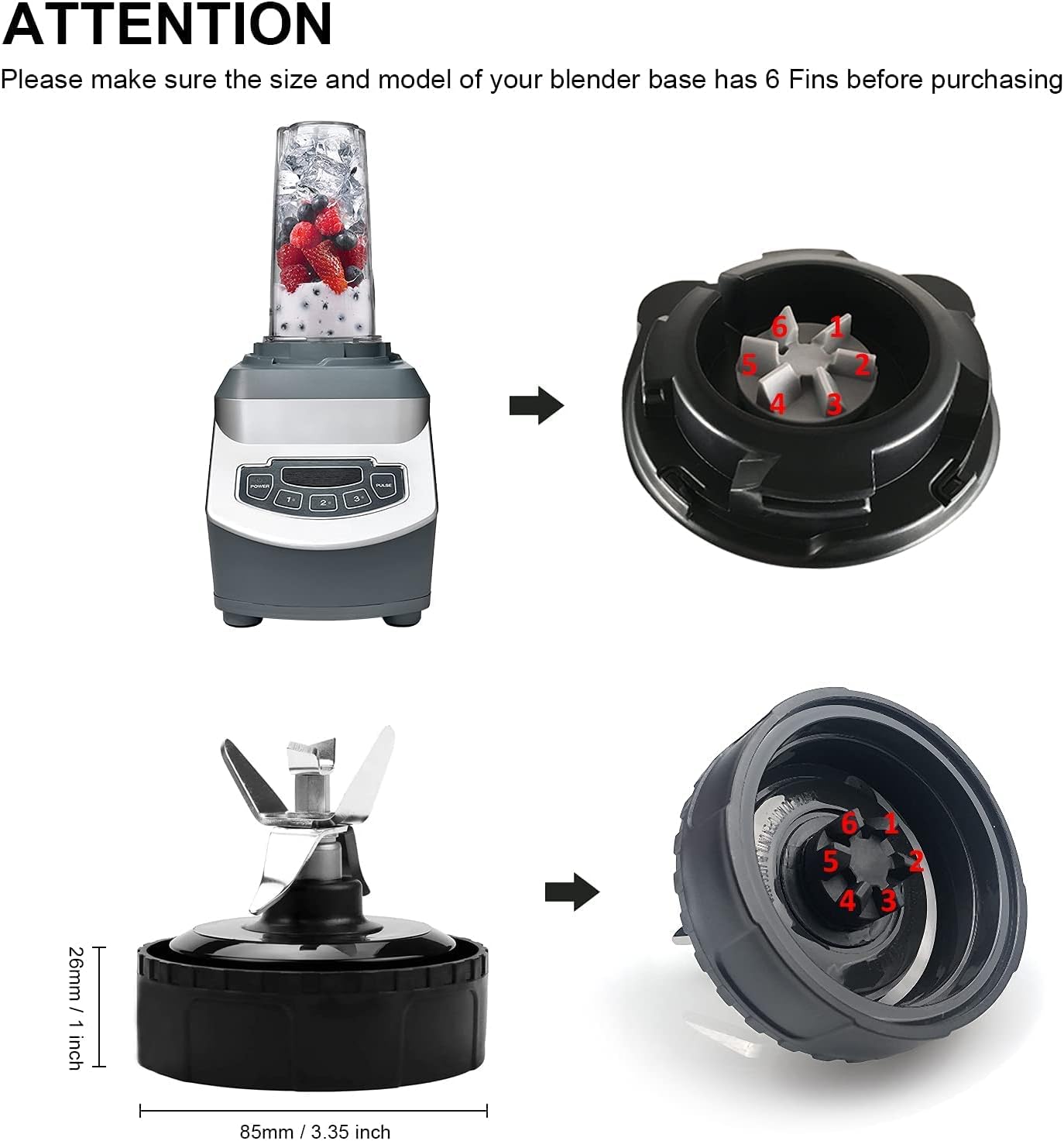 6 Fins Blade Fit for Ninja Blender BL660 1100w, Fit for Ninja 16 oz Cup
