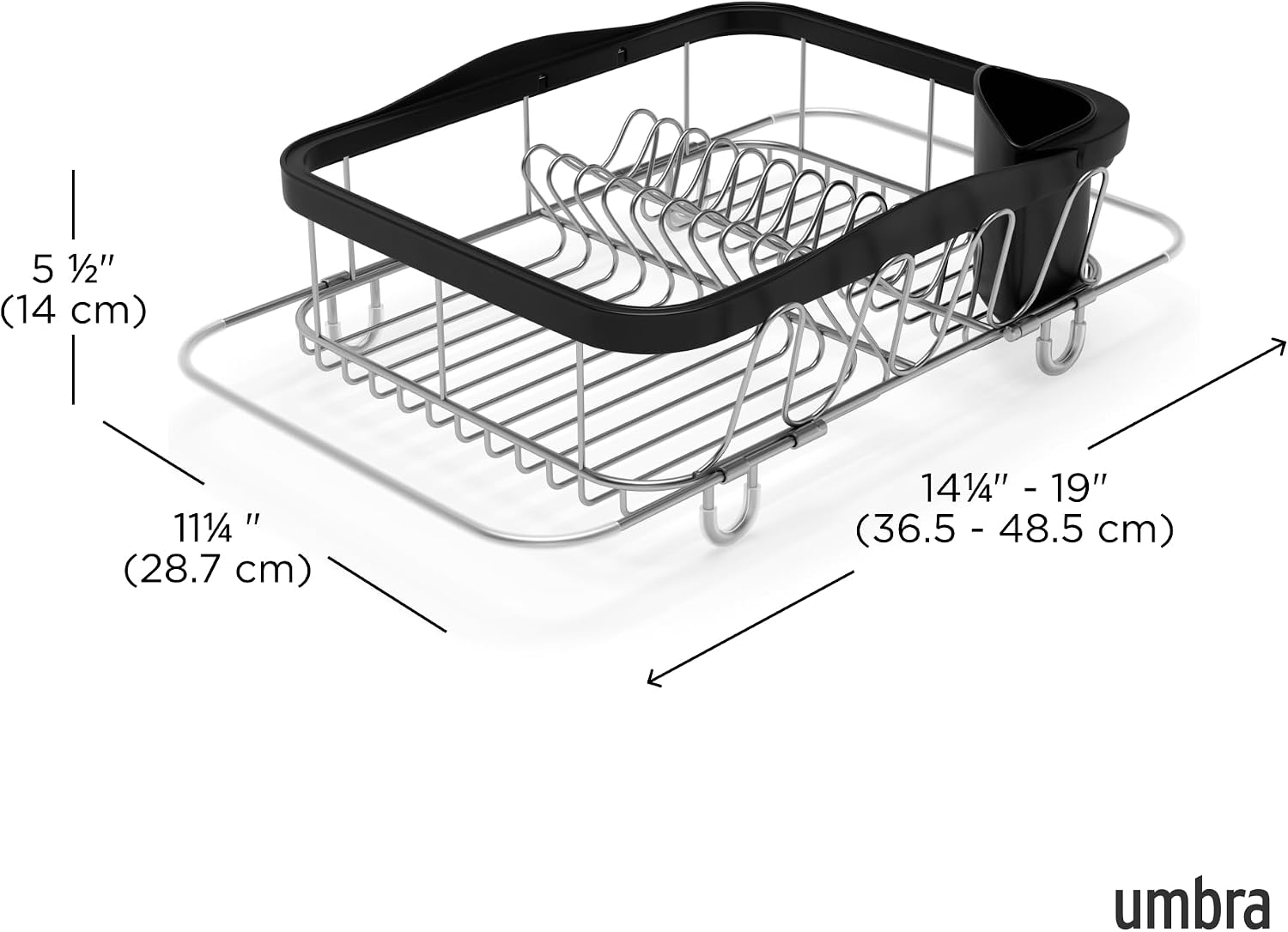 Umbra Sinkin Dish Drying Rack, in Sink or Countertop Drainer, Black/Nickel | Removable utensil holder, non slip rubber feet, fits standard sizes, coated wire and plastic