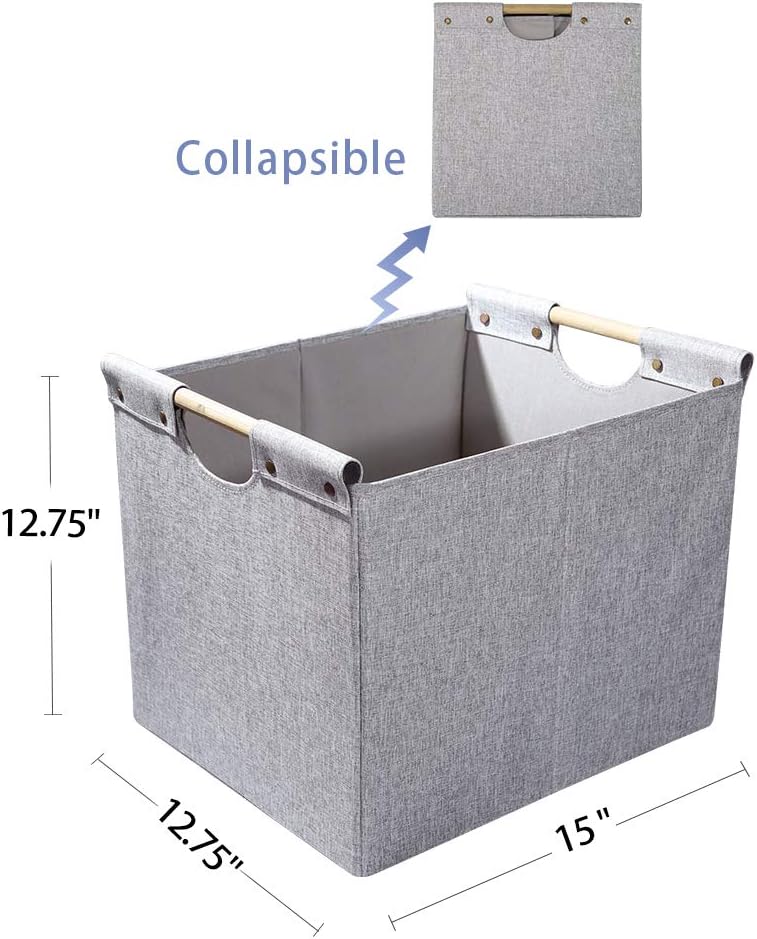 HOONEX Large Collapsible Storage Bins, Linen Fabric, 2 Pack, Storage Baskets with Wooden Carry Handles and Sturdy Heavy Cardboard, for Home, Office