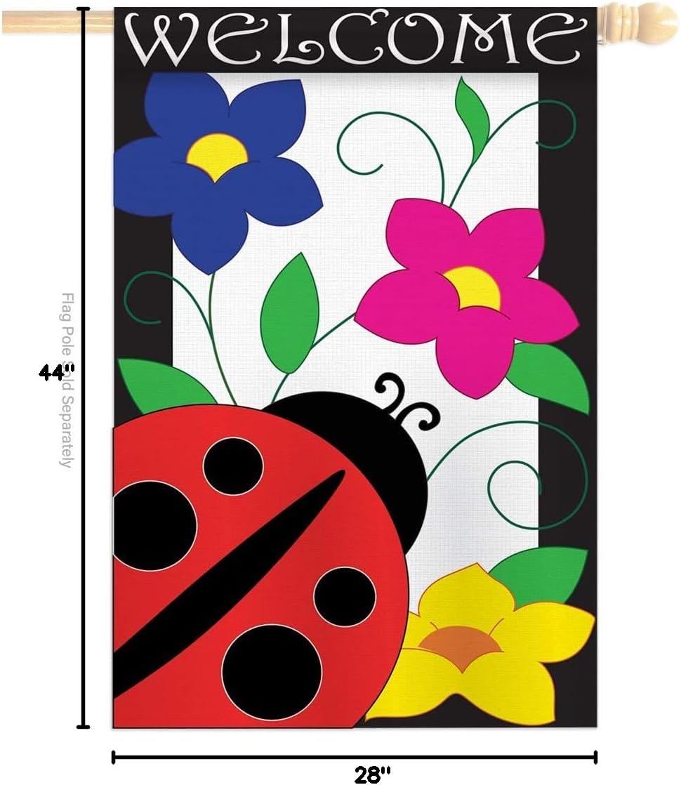 Breeze Decor Two Group HS104059-P2-03 Spring Ladybug Garden Friends Bugs & Frogs Applique Decorative Vertical 28" x 44" Double Sided House Flag Set