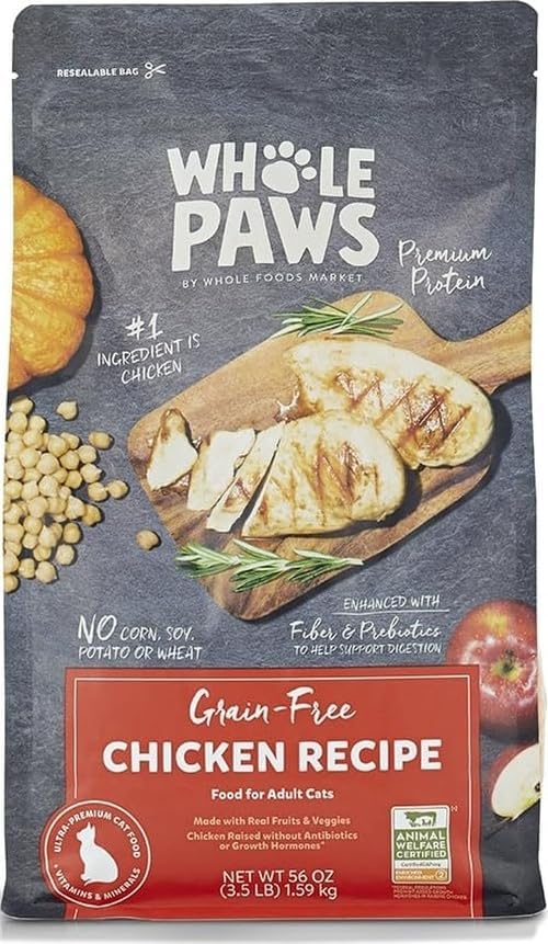 Whole Paws by Whole Foods Market, Grain-Free Adult Cat Food, Organic Chicken Recipe, 3.5 Pound