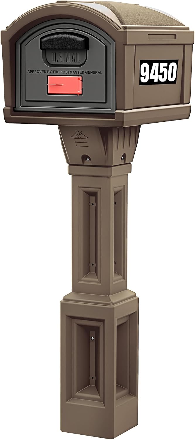 Simplay3 Rustic Home Plastic Residential Cabin Mailbox & Post Mount Combo Kit with 2 Access Doors - Sandstone, Made in USA