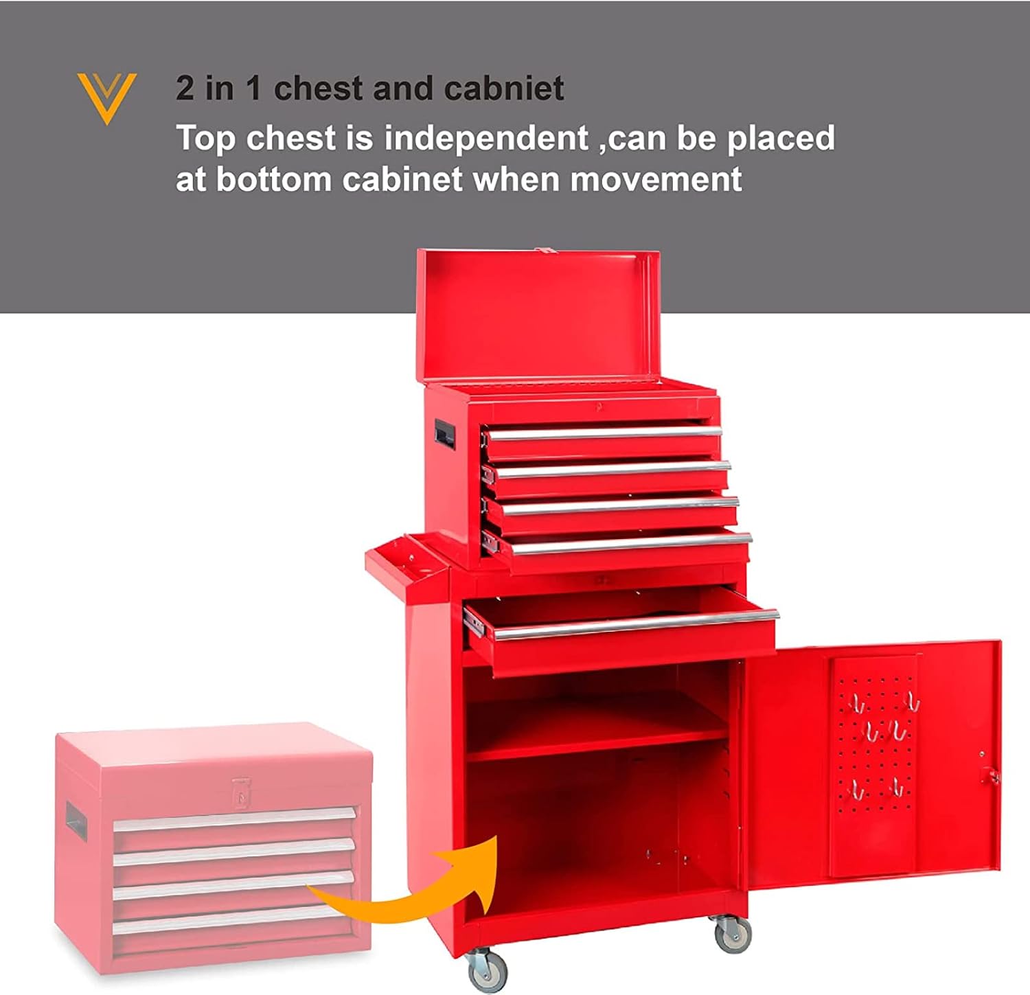 Road DAWG ATBT1204D-Red Torin Rolling Garage Workshop Tool Organizer: Detachable 4 Drawer Tool Chest with Large Storage Cabinet and Adjustable Shelf