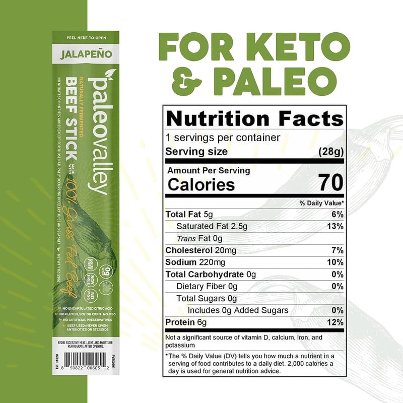 Paleovalley 100% Grass Fed Beef Sticks, Protein Snacks, Original | 10 Count, Individually Wrapped, Naturally Fermented, Gluten Free, Keto and Paleo, Made With Simple Ingredients, 6g Protein