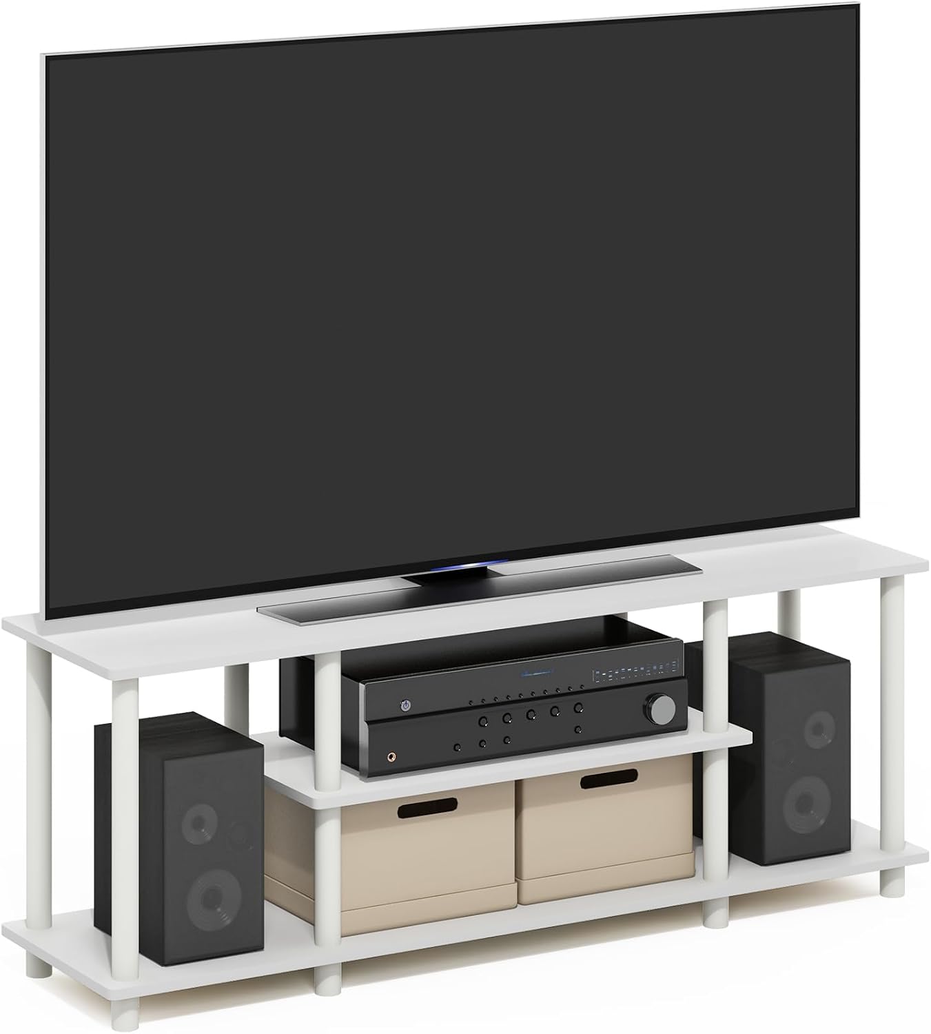 Furinno Turn-N-Tube No Tools 3D 3-Tier Entertainment TV Stand up to 50 inch TV, Round Tubes, French Oak Grey/Black | for TV up to 50 Inch, Open Frame Rectangular Entertainment Center with Storage Shelf, TV Console, for Living Room, Bedroom