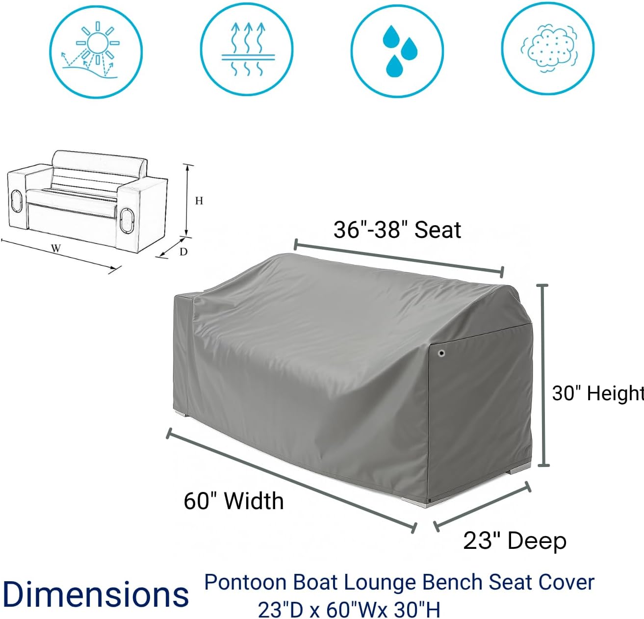 SavvyCraft Waterproof Pontoon Lounge Seat Cover Marine Grade 23"Dx60"Wx30"H