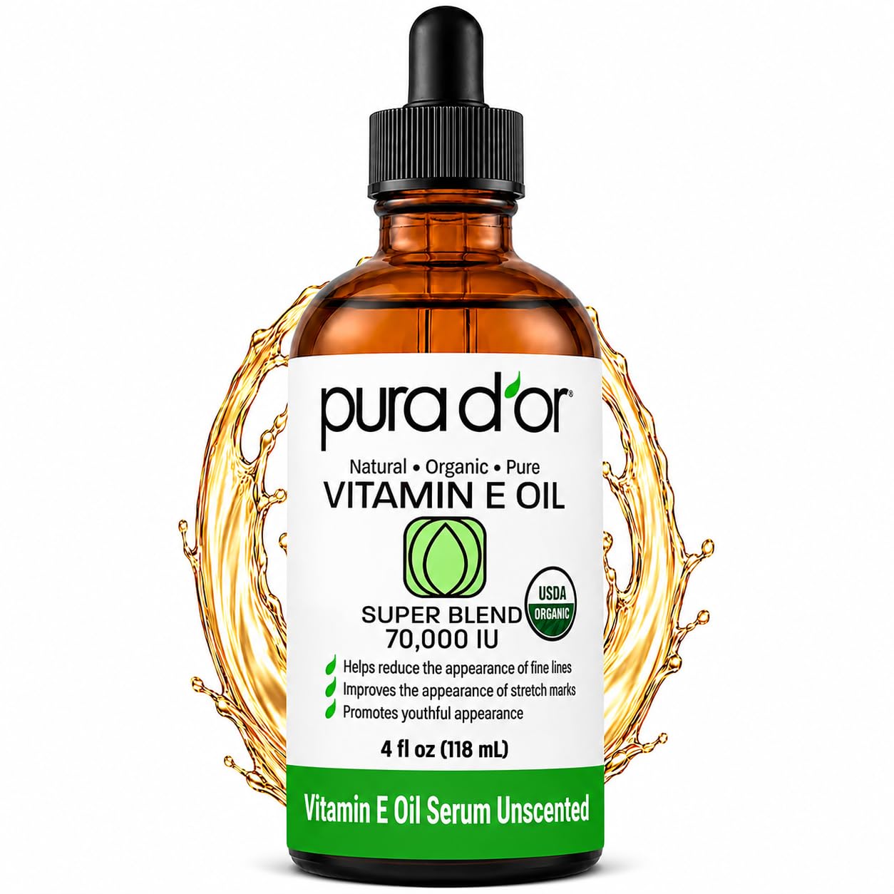 PURA D'OR Vitamin E Oil Botanical Blend, 4 fl oz | Ultra-Nourishing Hydration, USDA Certified, Jojoba, Argan, Almond, Avocado, Body Massage, Cuticles
