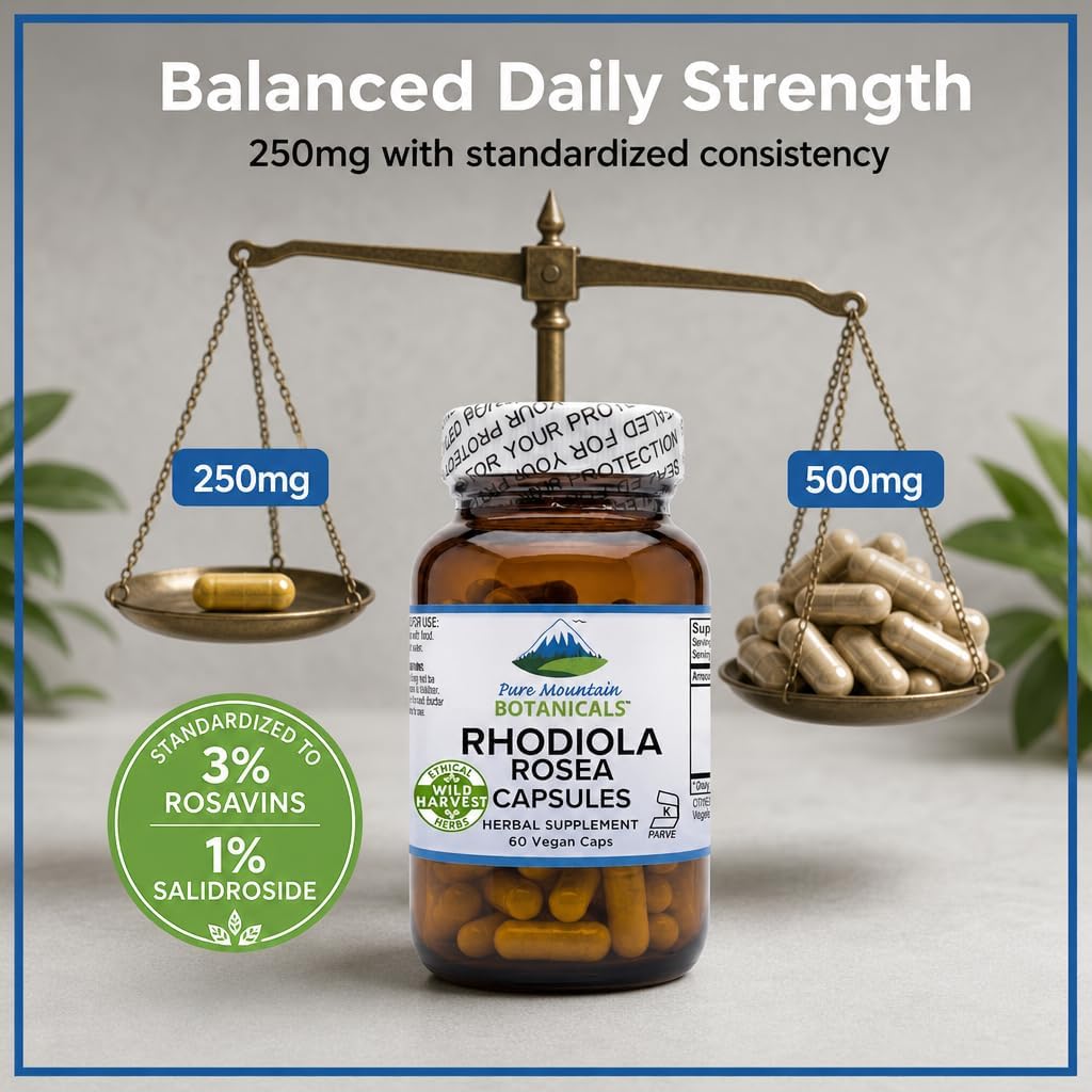 Pure Mountain Botanicals Rhodiola Rosea Supplement - 60 Capsules 250mg - Root Extract Standardized 3% Rosavins 1% Salidroside - Vegan Kosher Gluten