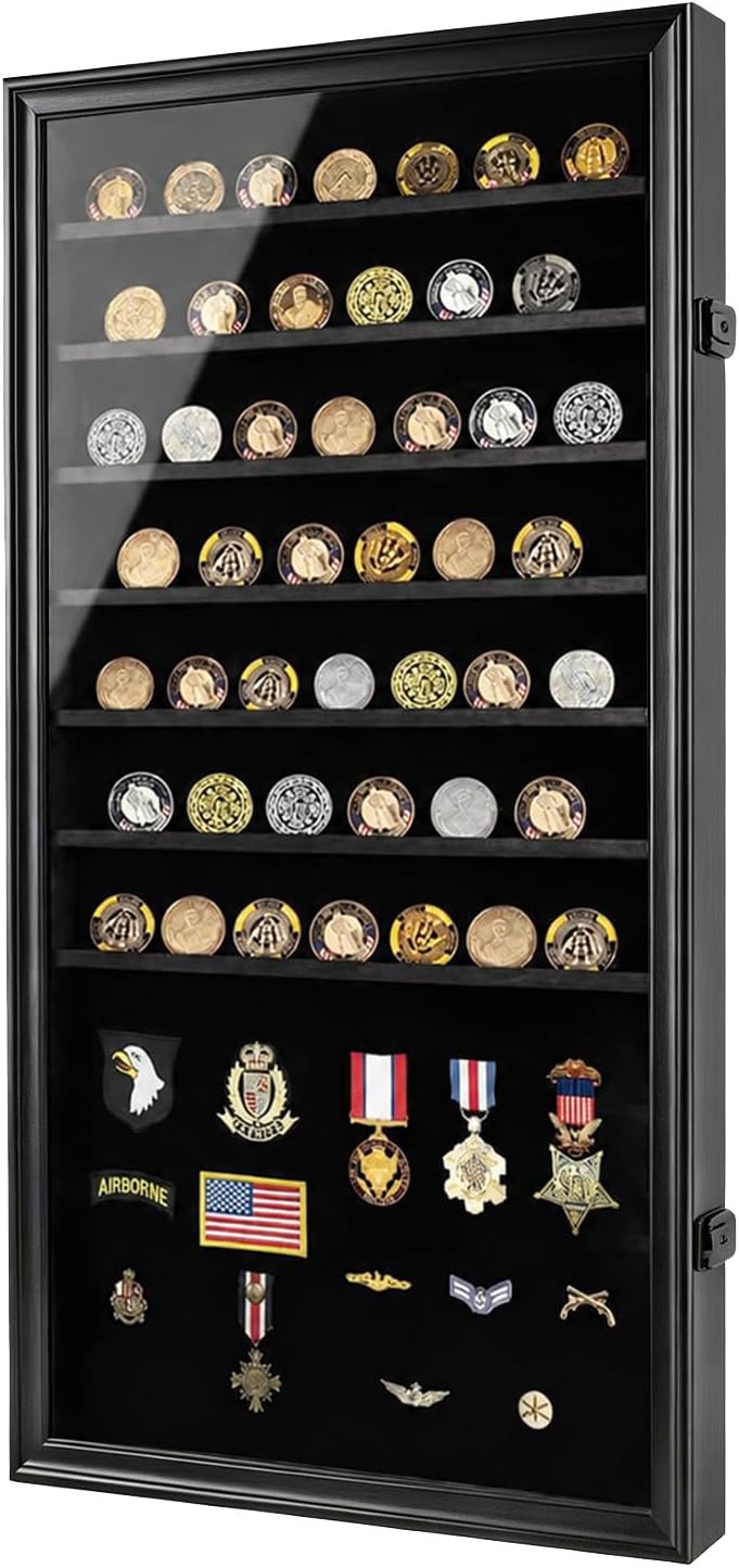 Jinchuan Military Challenge Coin Display Case Lockable Cabinet Rack Holder Shadow Box with Removable 2 Grooves Shelves and Anti Dust Door for Casino