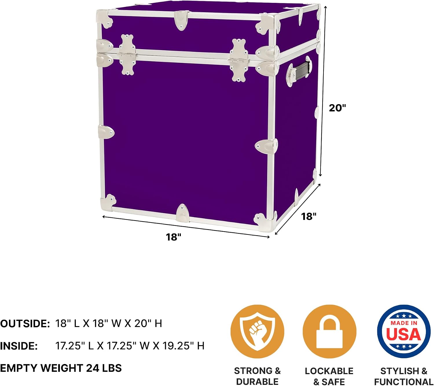 Rhino Classic Cube Trunk, College Dorm Footlocker & Home Storage End Table | 18"L x 18"W x 20"H, 1500+ lb Capacity, Baltic Birch Plywood, Nickel Plated Steel, Durable, Office Storage, Dorm Room
