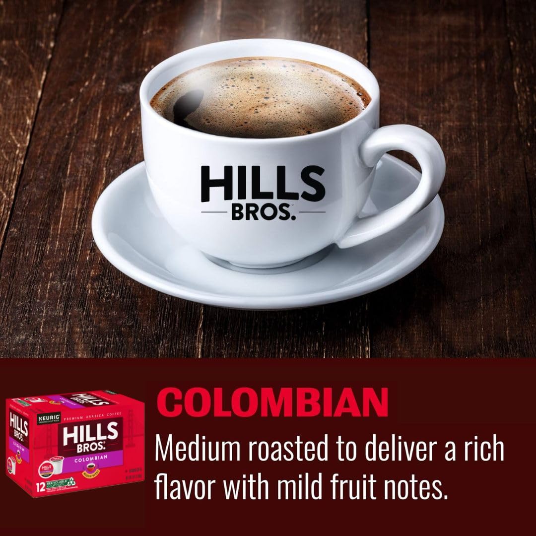 Hills Bros Single Serve Coffee Pods, 100% Colombian Ground Coffee, Medium Roast, 12 Count – Keurig Compatible, Roasted 100% Arabica Beans, Smooth Balanced Flavor