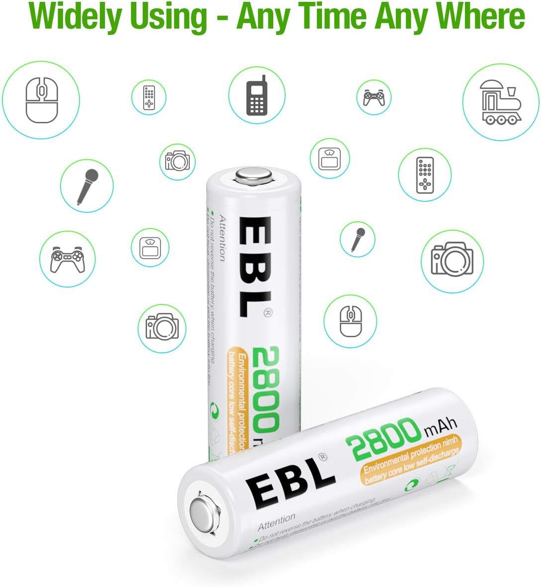 EBL AA Rechargeable Batteries,1.2V NiMH Double A Battery 2800mAh High Capacity Pre-Charged Long Lasting - 4 Pack