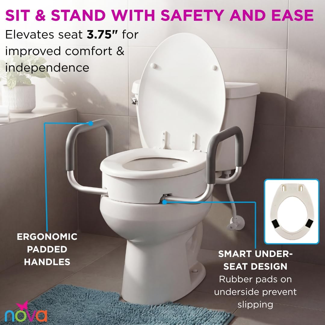 NOVA Raised Toilet Seat with Handles for Seniors – Standard Toilet Riser with Safety Grab Bars, Elevated Toilet Seat for Elderly, Disabled & Post-Surgery Support - Standard Toilet