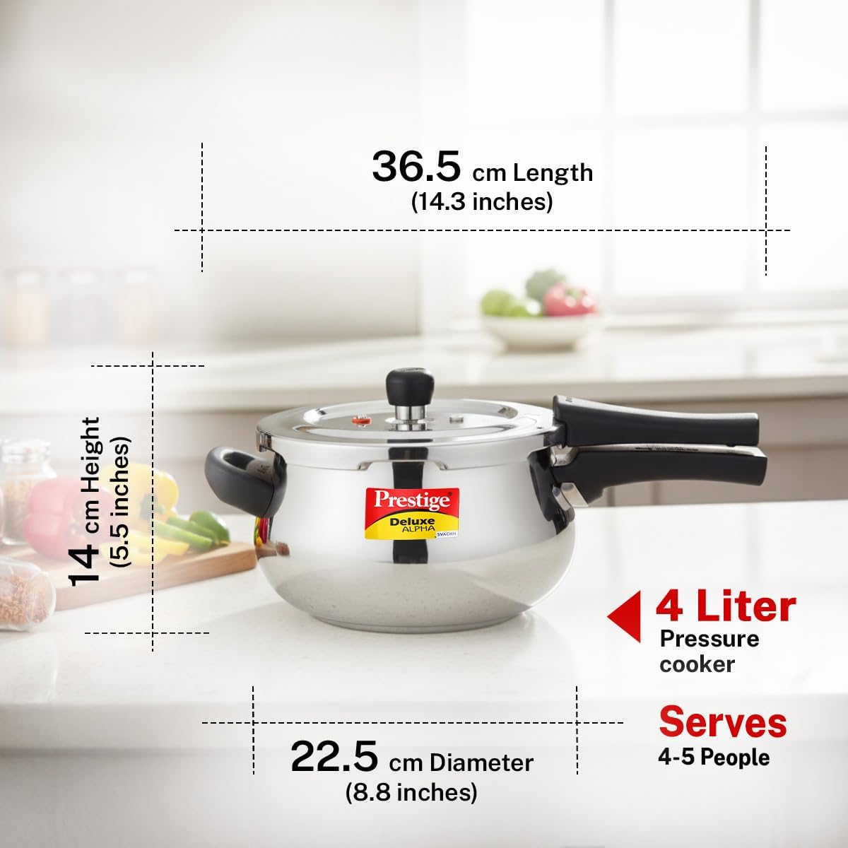 Prestige Deluxe Alpha Svachh Stainless Steel Pressure Cooker with Alpha Base and Deep Lid for Spillage Control, (4.0 L Junior Handi)