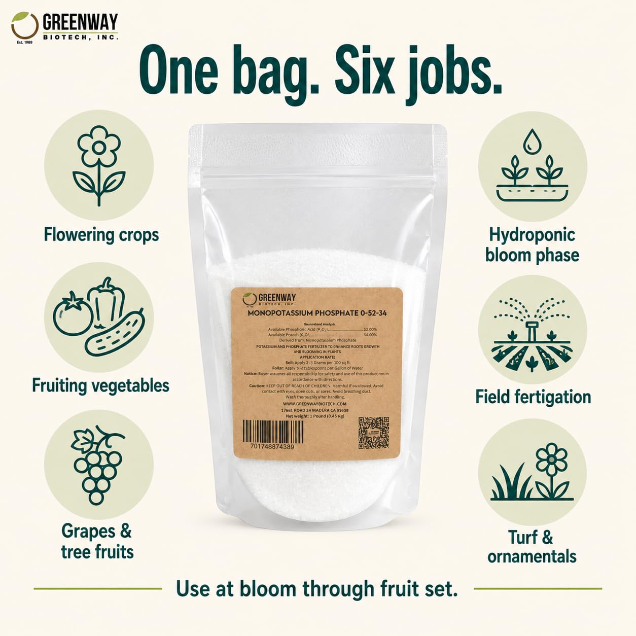Greenway Biotech, Inc. Monopotassium Phosphate Fertilizer 0-52-34-100% Water Soluble Hydroponics for Root Strength - Increase Yield and Blooming - High Purity Plant Nutrient Formula - 2 Pounds