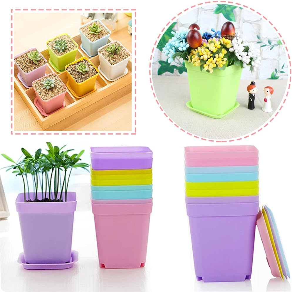 Haawooky 24 Pack Colorful Flower Pots Square Plastic Plant Pots Succulent Planter Nursery Pots with Saucers for Your Room