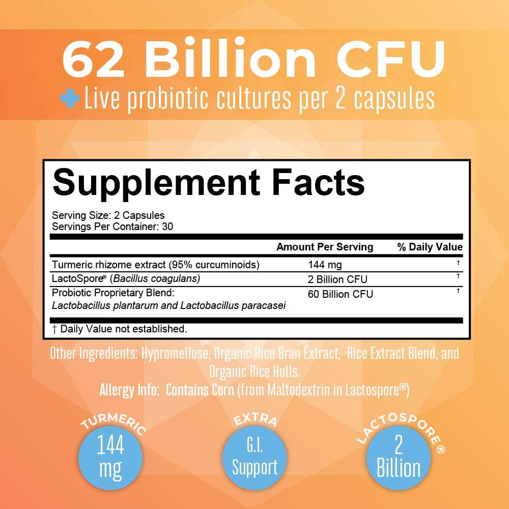 MARYRUTH'S Probiotic Turmeric Curcumin + Extra GI Support, Vegan, 60 Count | 62 Billion CFU, Organic Ingredients Turmeric Complex with Probiotics