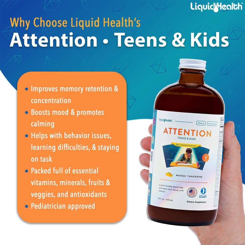 LIQUIDHEALTH Attention Liquid Multivitamin for Kids & Teens - Improves Memory Retention, Concentration, Focus, Mood, Relaxation & Calming - Made in the USA, Great Taste, Vegan, Sugar-Free (16 oz)
