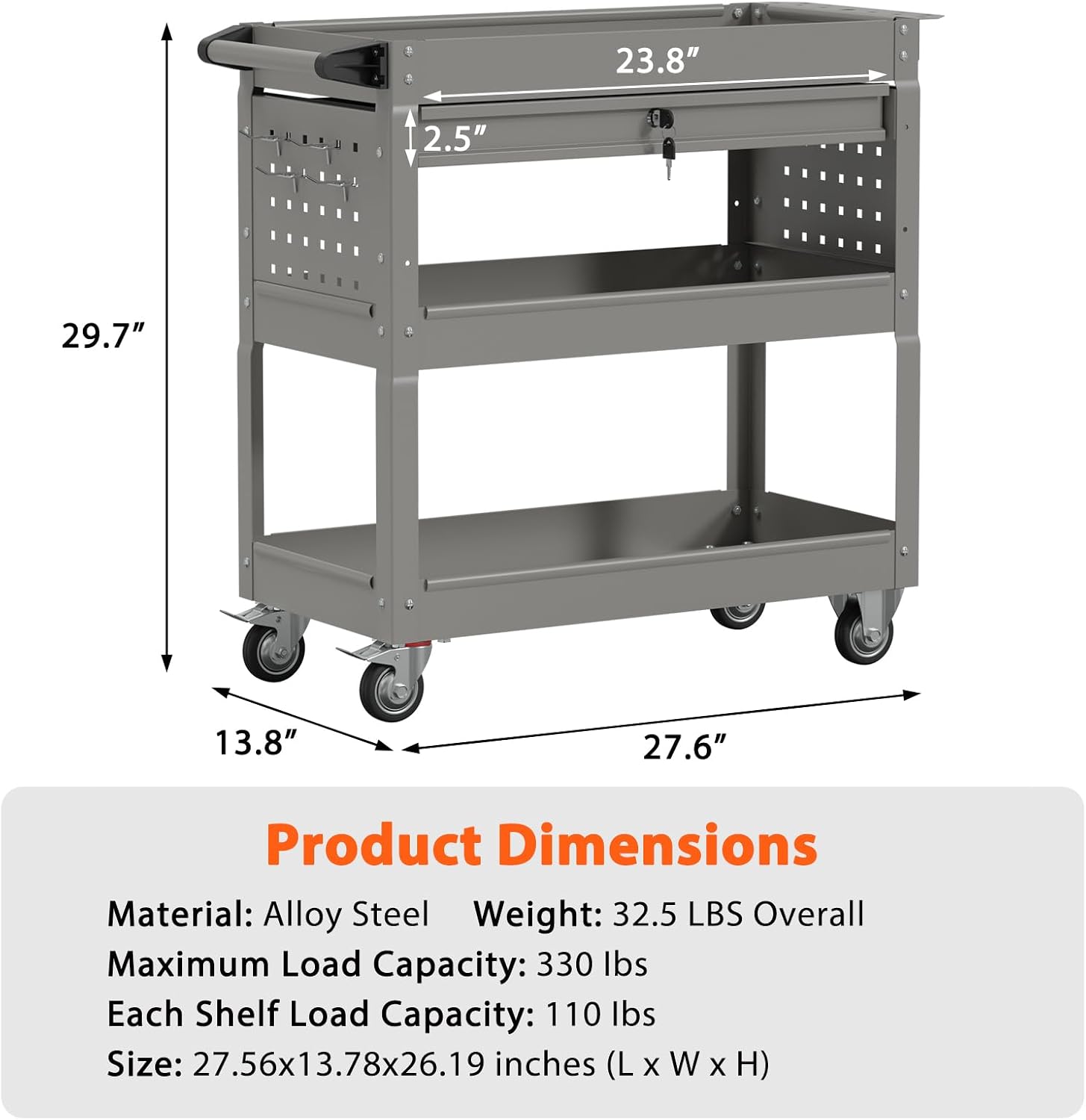 3-Tier Heavy Duty Utility Cart on Wheels, Rolling Tool Cart on Wheels with a Drawer, 350 Lbs Load Capacity Service Cart for Warehous, Garage and Repair Shop (Black)