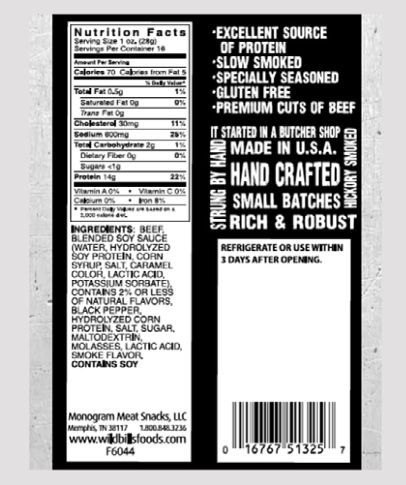 Wild Bill's Hickory Smoked Beef Jerky Strips, 30 Ct, 15 Oz | Keto, Low-Carb And High-Protein, Made In The USA, USDA Inspected, Marinated In Soy Sauce, Garlic, Black Pepper, Chewy Texture