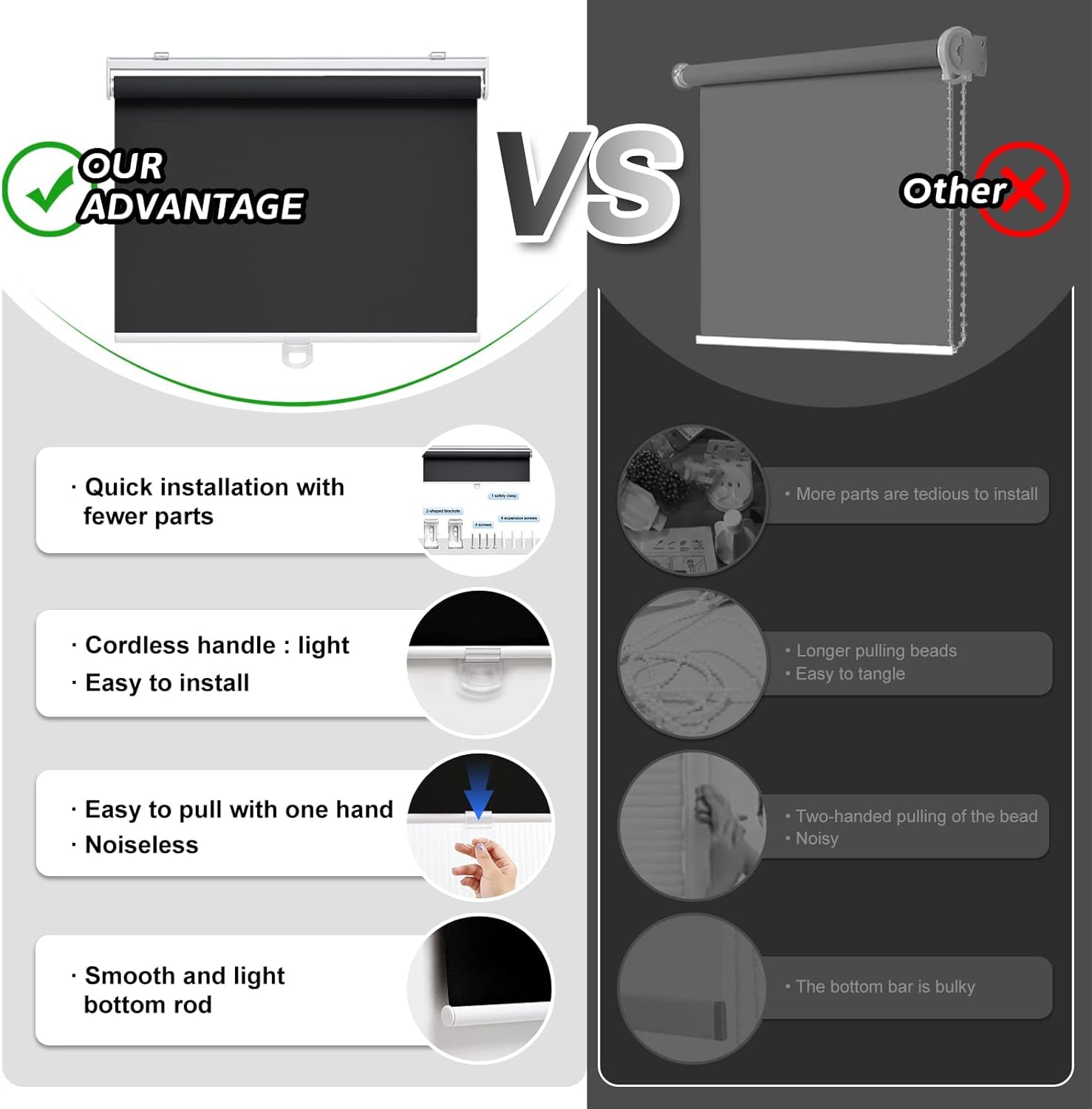 AOSKY Blackout Cordless Roller Shade for Indoor Windows, 23"W x 72"H, Black | Black Out Window Shade with Spring System