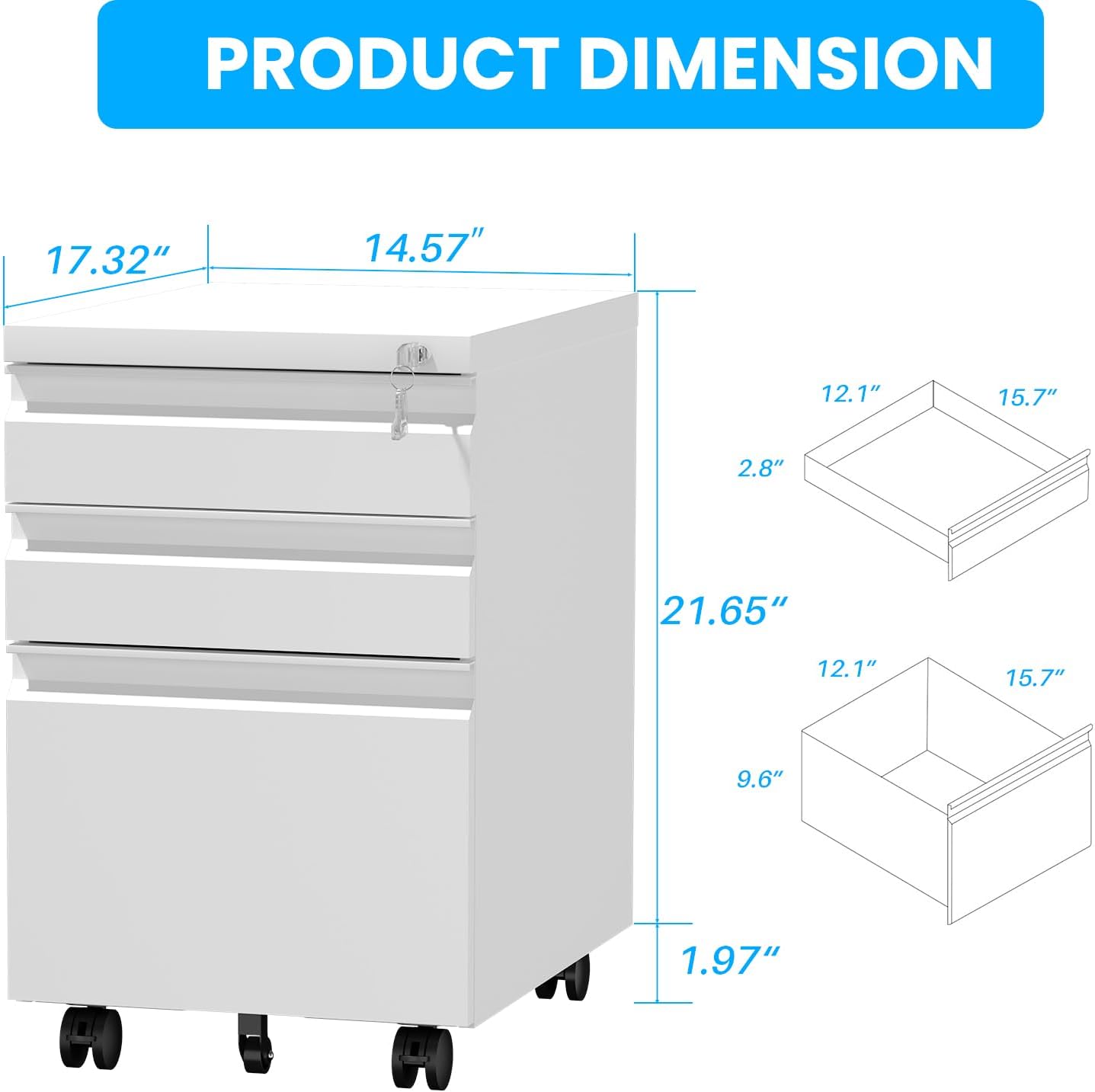 3-Drawer Mobile Steel Filing Cabinet with Lock, Fully Assembled Under Desk File Cabinet for Letter/Legal/A4 Size, Heavy Duty Storage Organizer for Home Office