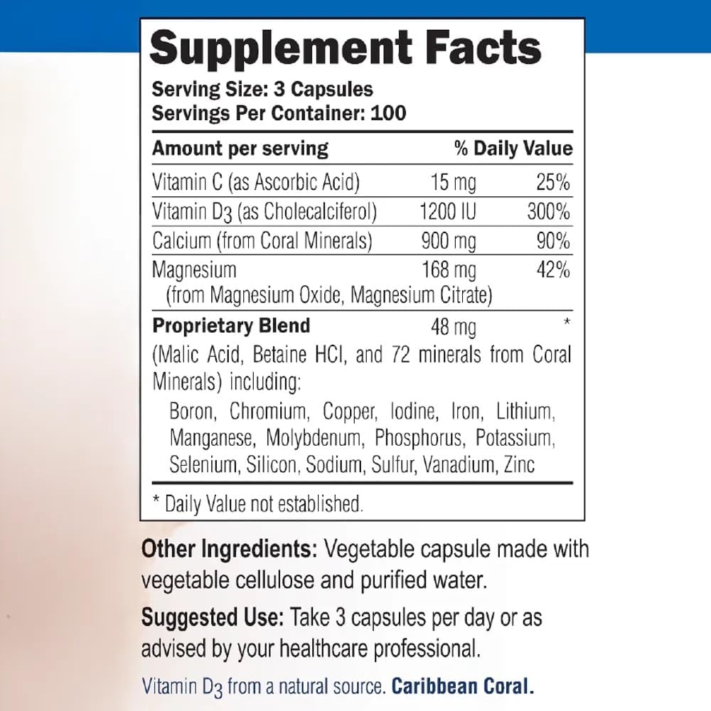 Coral Complex 3 Calcium Supplement Vitamin D3 & Magnesium – 900 mg Bioavailable Coral Calcium for Bone Strength, Joint Support & pH Balance – Trace Minerals, Non-GMO, 300 Veg Capsules