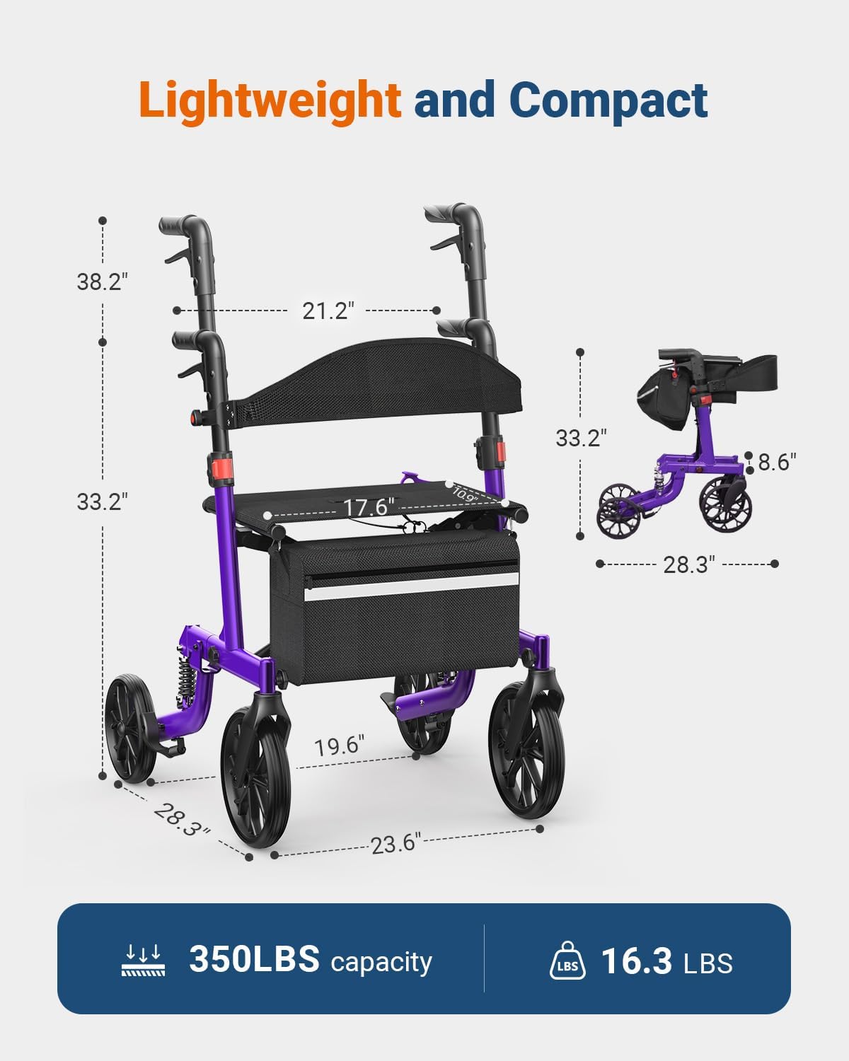 Foldable Rollator Walkers with Seat for Seniors, All Terrain Outdoor（Red | Patented Shock-Absorbing,Tool-Free Adjustment,350 lbs Capacity, 10″ Solid Wheels,16.3lbs Lightweight, Fit 61"-74" Tall User