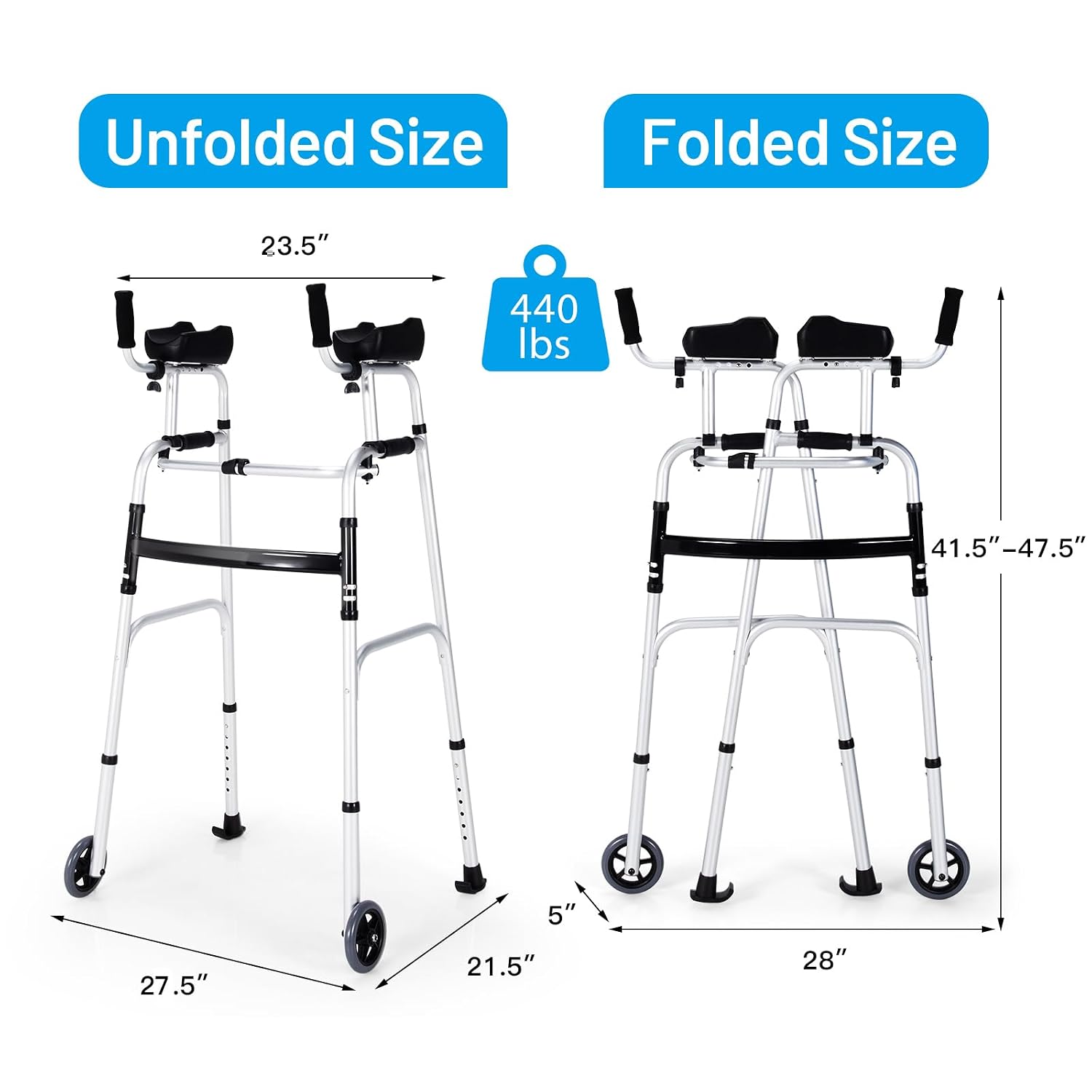 Nightcore Folding Standard Walker，Rehabilitation Auxiliary Walking Aid, Front Wheeled Walker w/Adjustable Height & Removable Armrests