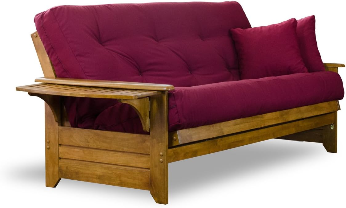 Brentwood Tray Arm Futon Sofabed Set - Queen Frame, 8" Microfiber Fudge Mattress, Heritage Finish