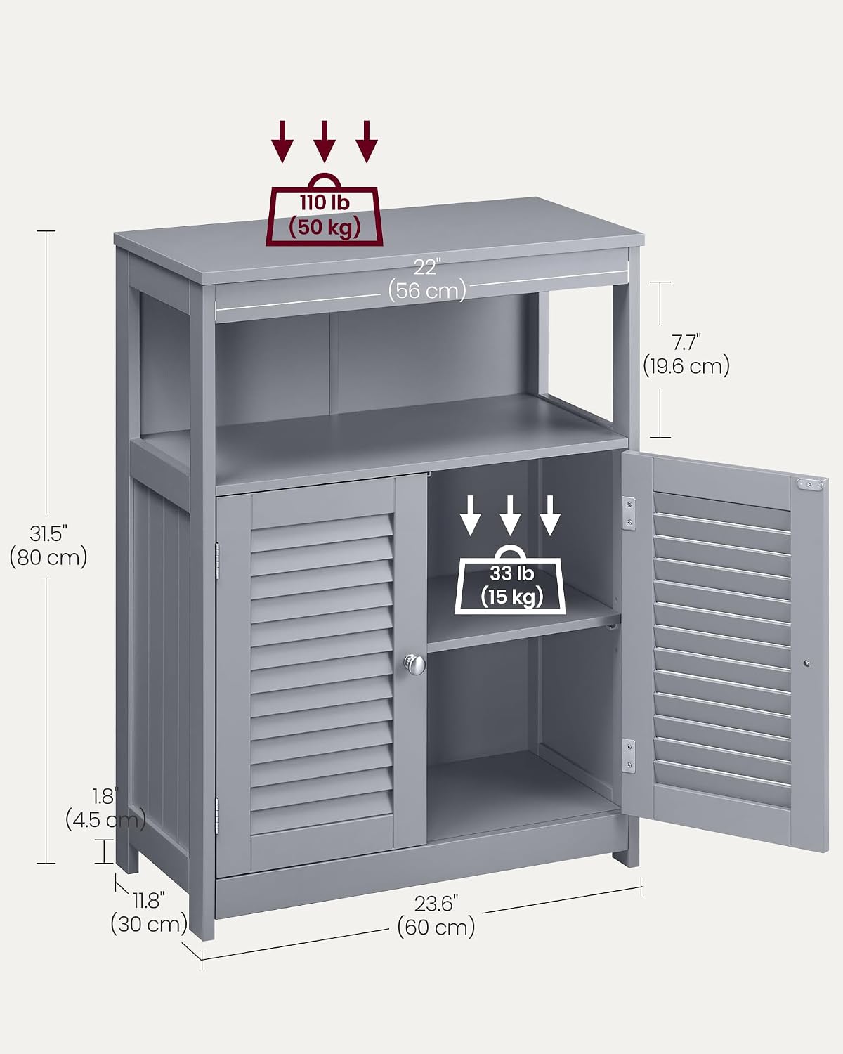 VASAGLE Bathroom Storage Cabinet, with 2 Doors, 31.5" H, Cloud White