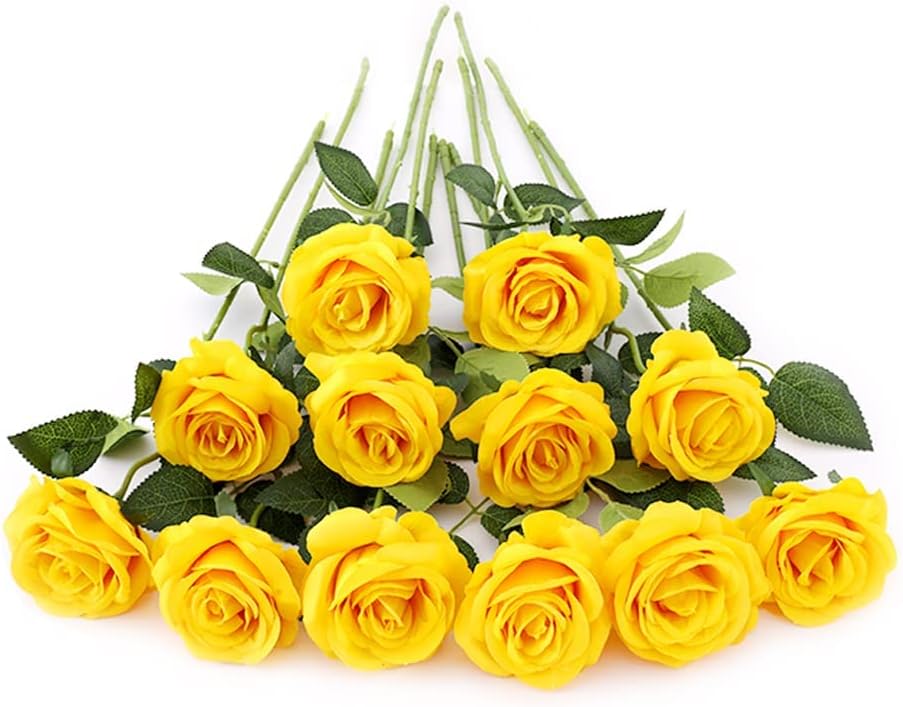 12 PCS Artificial Flowers Roses Silk Flowers Fake Long Stem Artificial Roses for Home Wedding Decorations (Yellow)