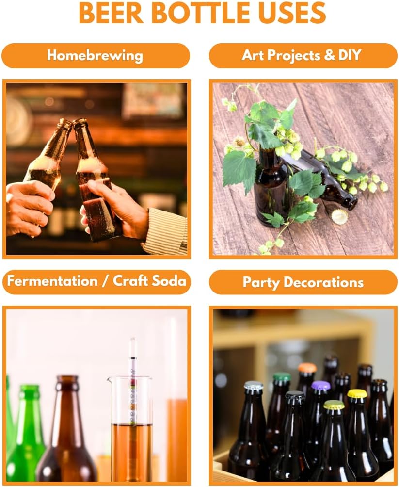 FastRack Amber Beer Bottles 12oz (Pack of 24) | Longneck Glass Beer Bottles with Pry-off Crown Finish for Home Brewing Mead