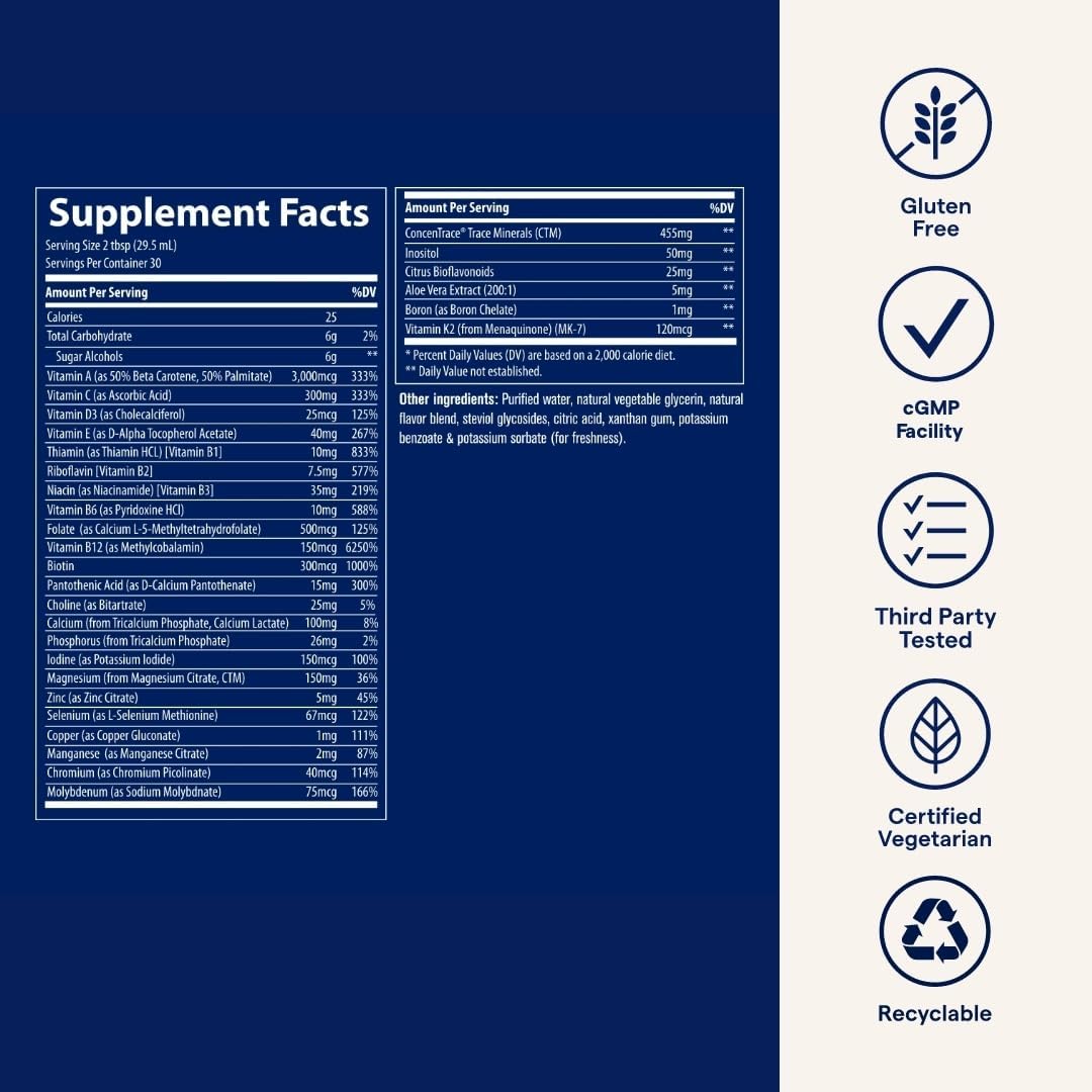 Trace Minerals Liquid Multivitamin with 72+ Minerals, Berry, 32 oz | 600 mg calcium, 100+ nutrients per serving, Supports energy and bones, Daily vitamins for adults